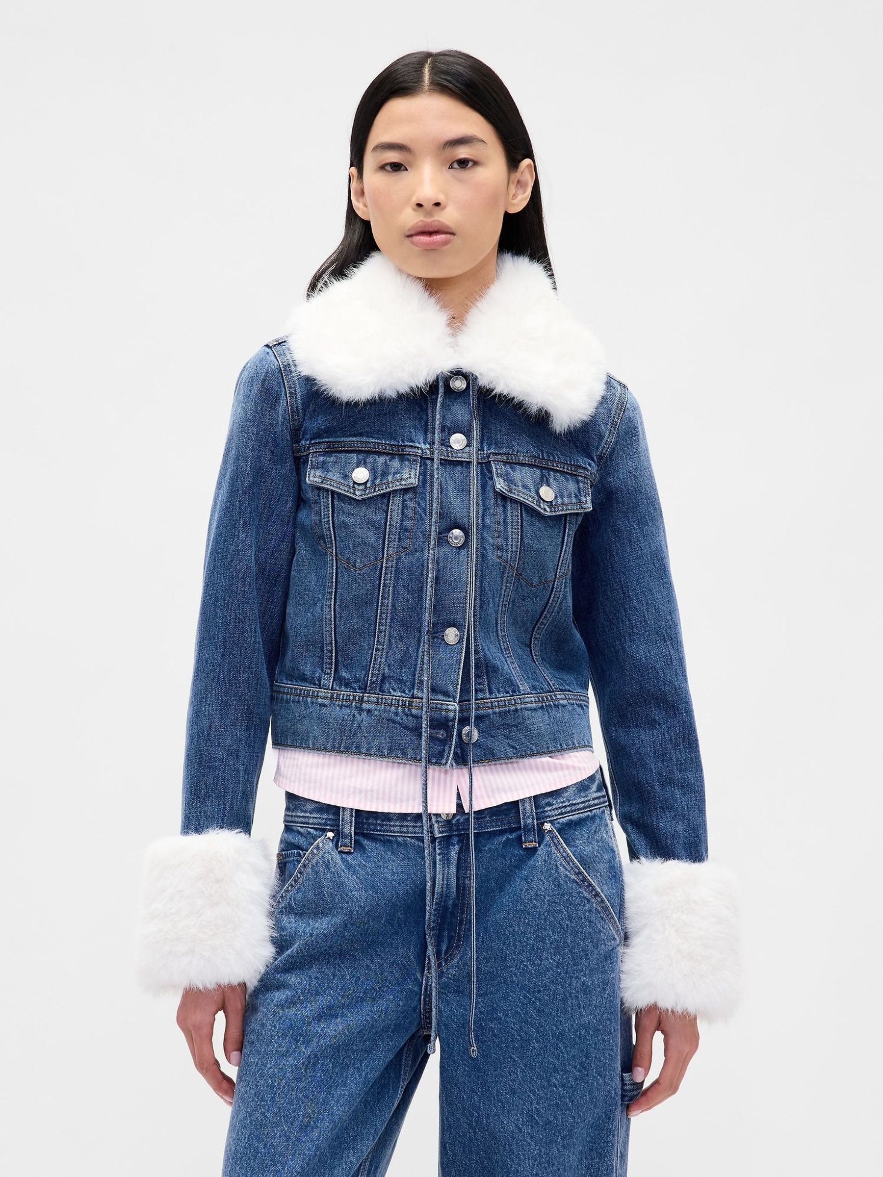 Mid Wash Blue Sandy Liang Vegan Fur Crop Denim Jacket (Y23424) | £125