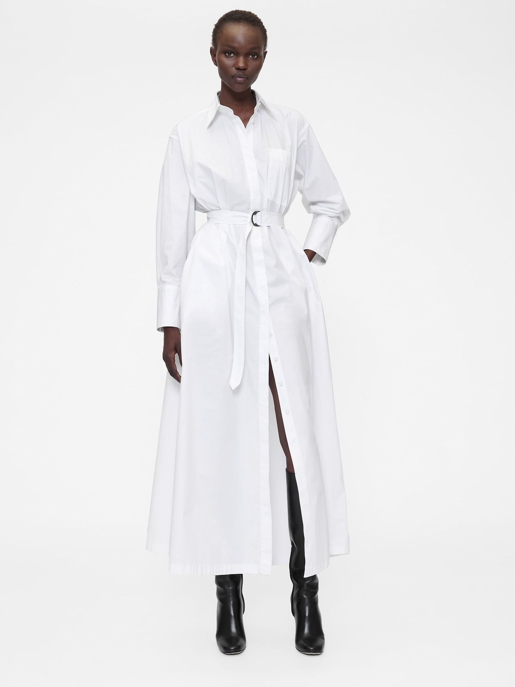 White Poplin Belted Maxi Shirt Dress (Y23425) | £150