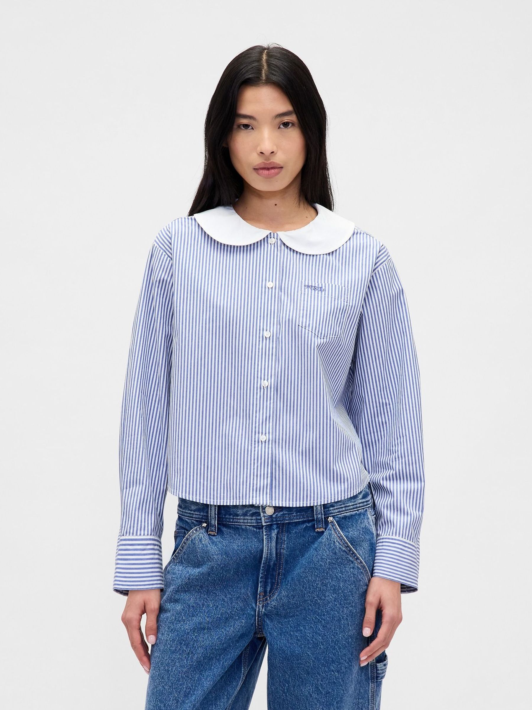 Blue/White Stripe Sandy Liang Poplin Oversized Shirt (Y23428) | £65