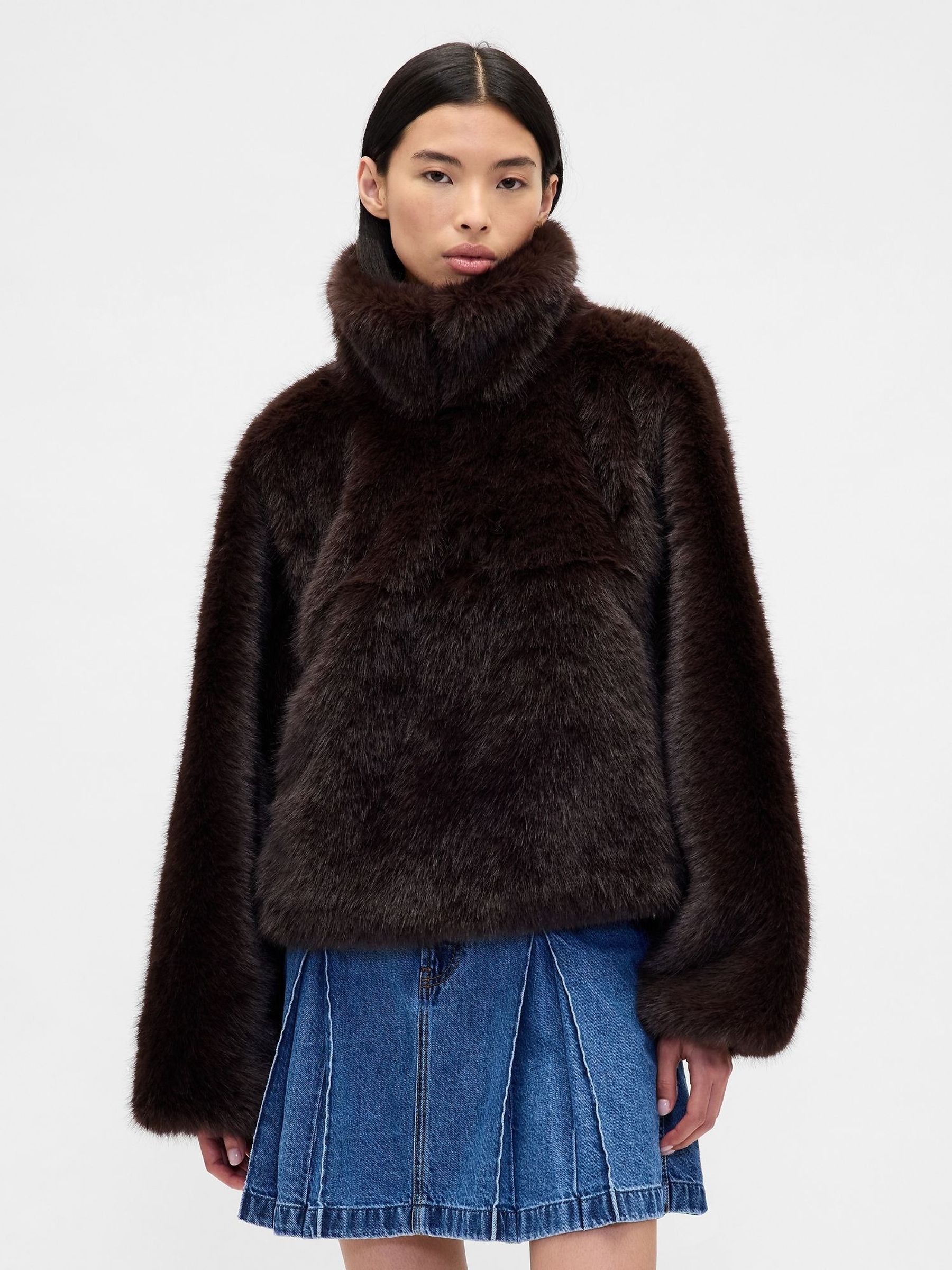 Brown Sandy Liang Vegan Fur Half-Zip Pullover Jacket (Y23434) | £135