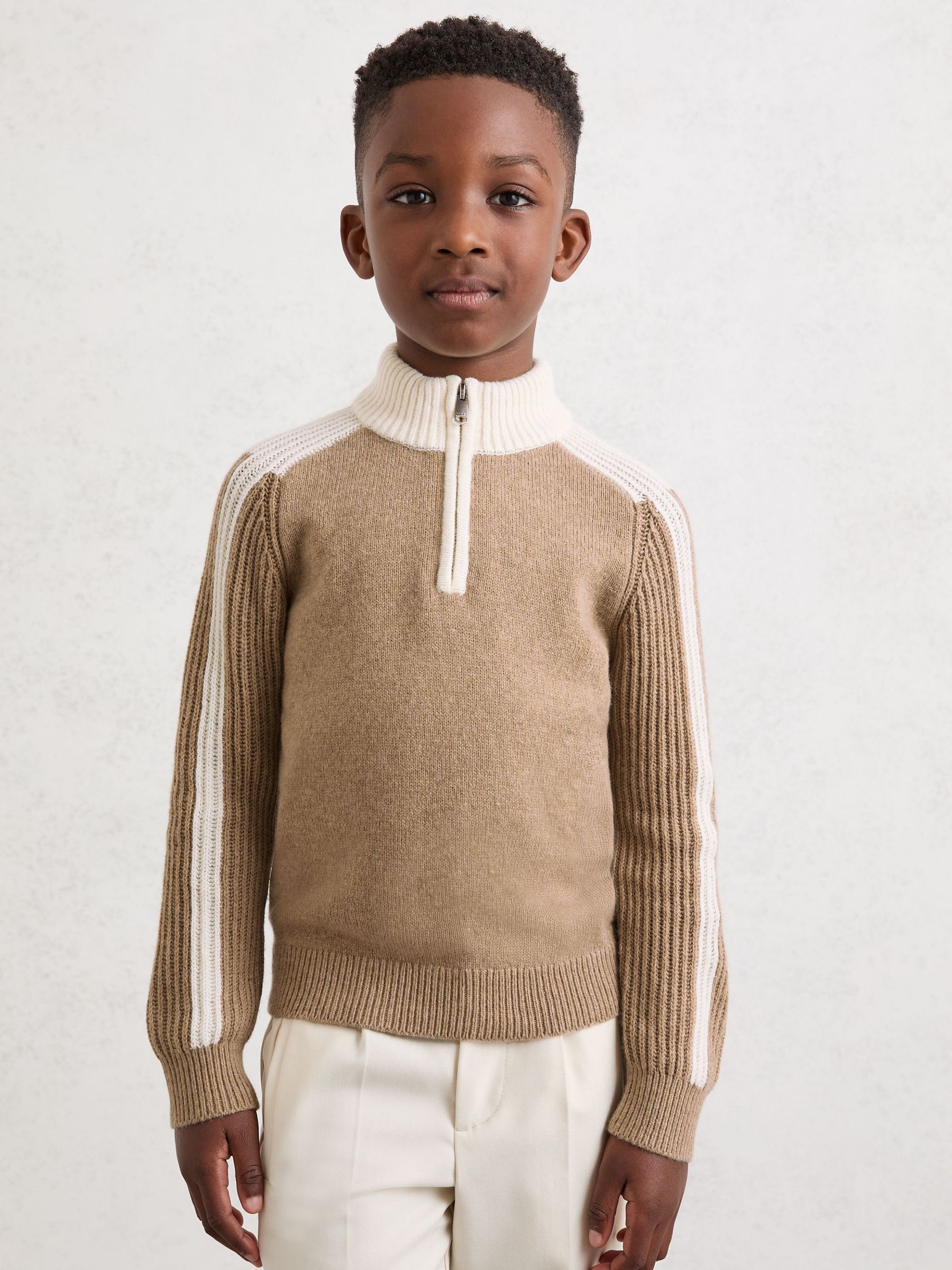 3-9 yrs Half-Zip Contrast Knitted Jumper with Wool in Brown (Y25117) | £40