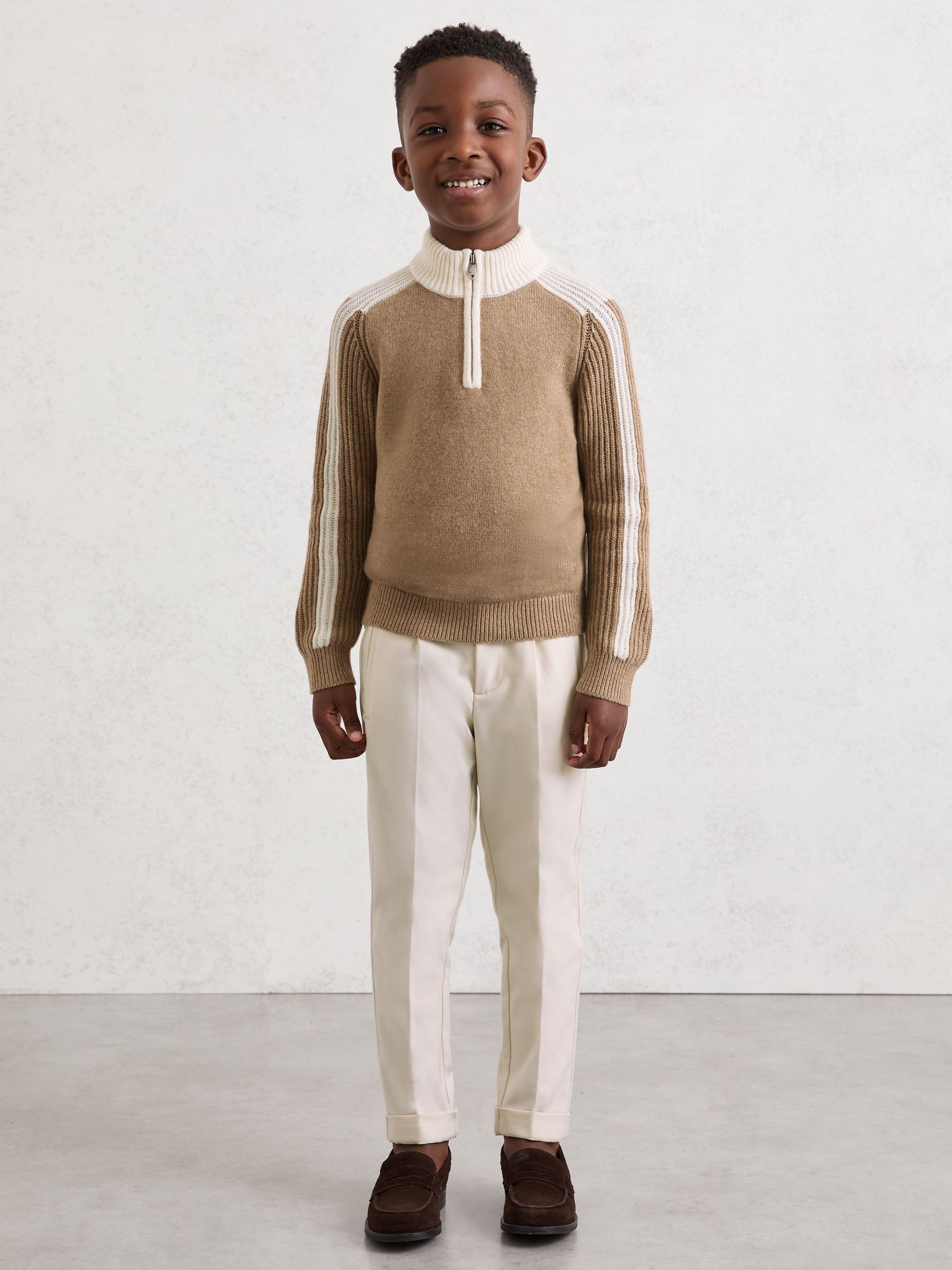 9-13 yrs Half-Zip Contrast Knitted Jumper with Wool in Brown (Y25119) | £44