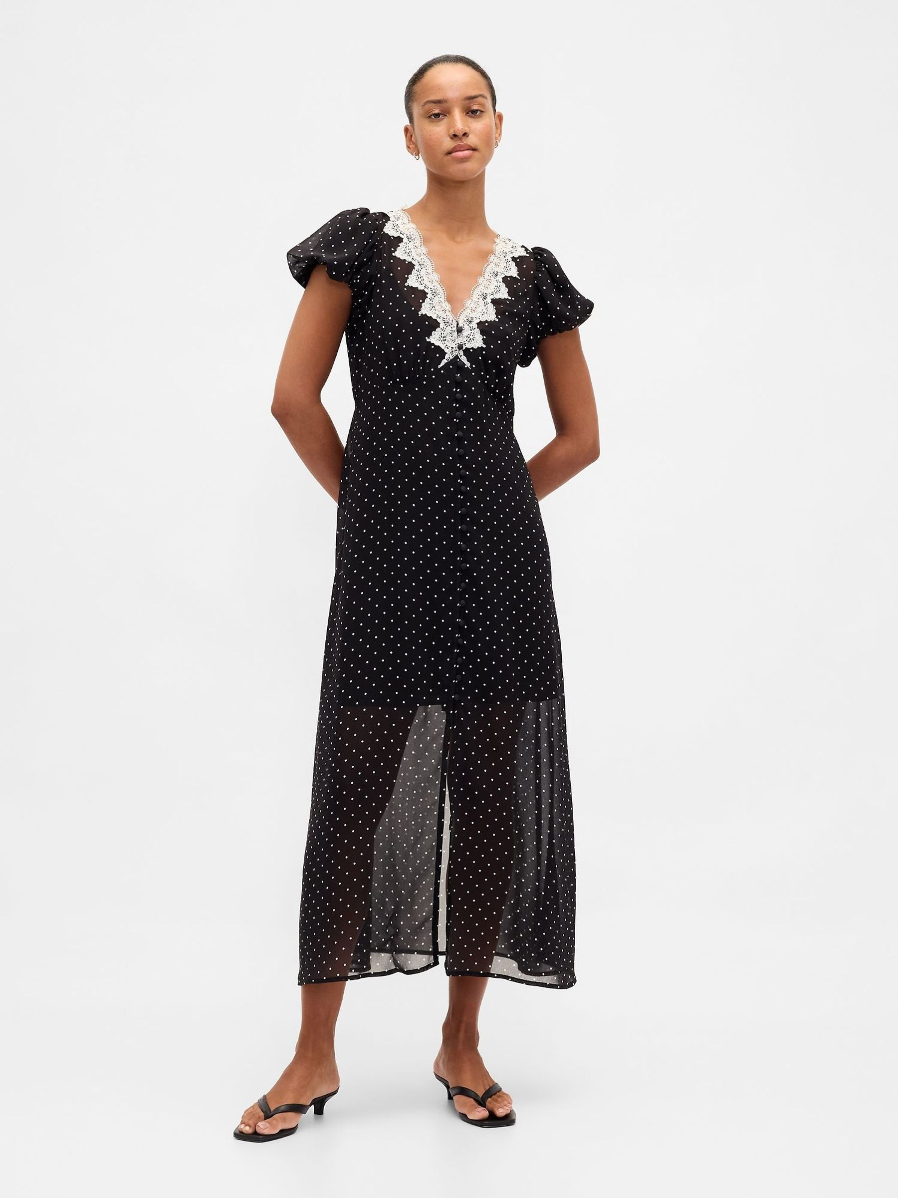 Black Lace-Trim V Neck Maxi Dress (Y25325) | £95