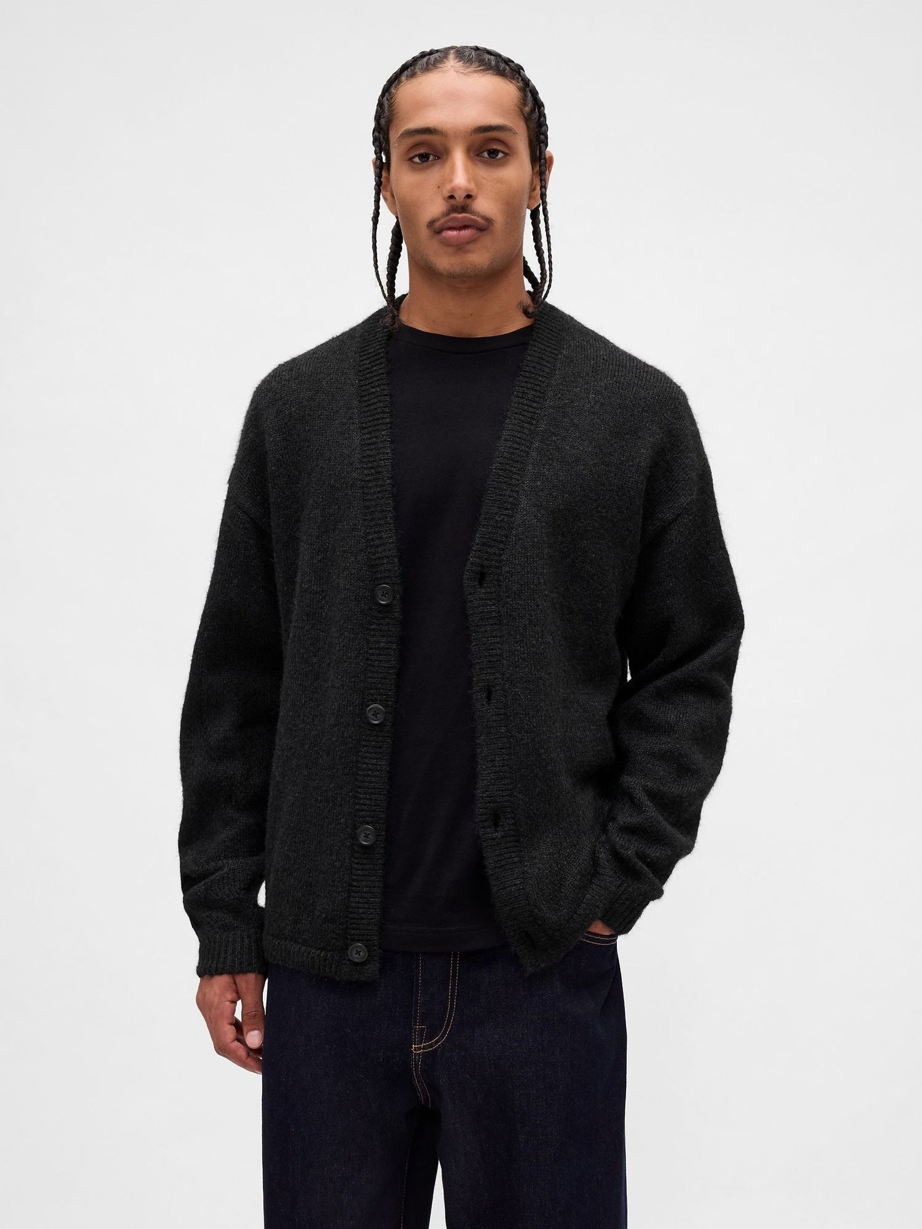 Black Fuzzy Relaxed Crop Cardigan (Y25334) | £50