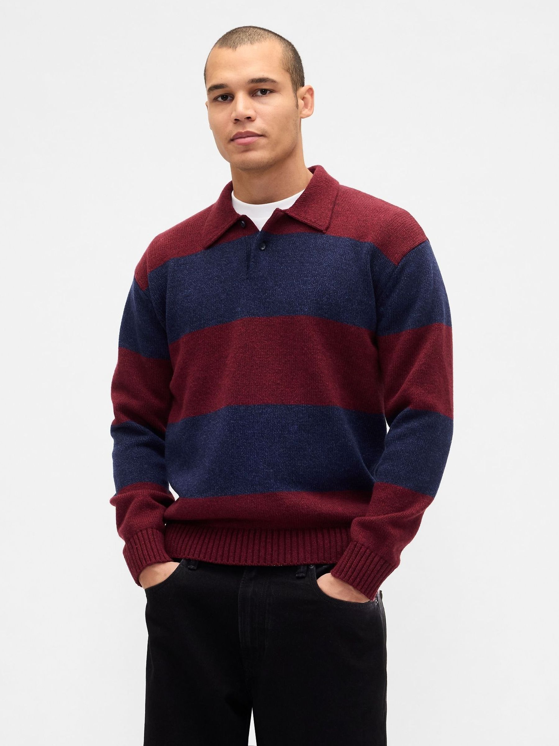 Burgundy Red Stripe Rugby Stripe Relaxed Polo Sweatshirt (Y25336) | £60