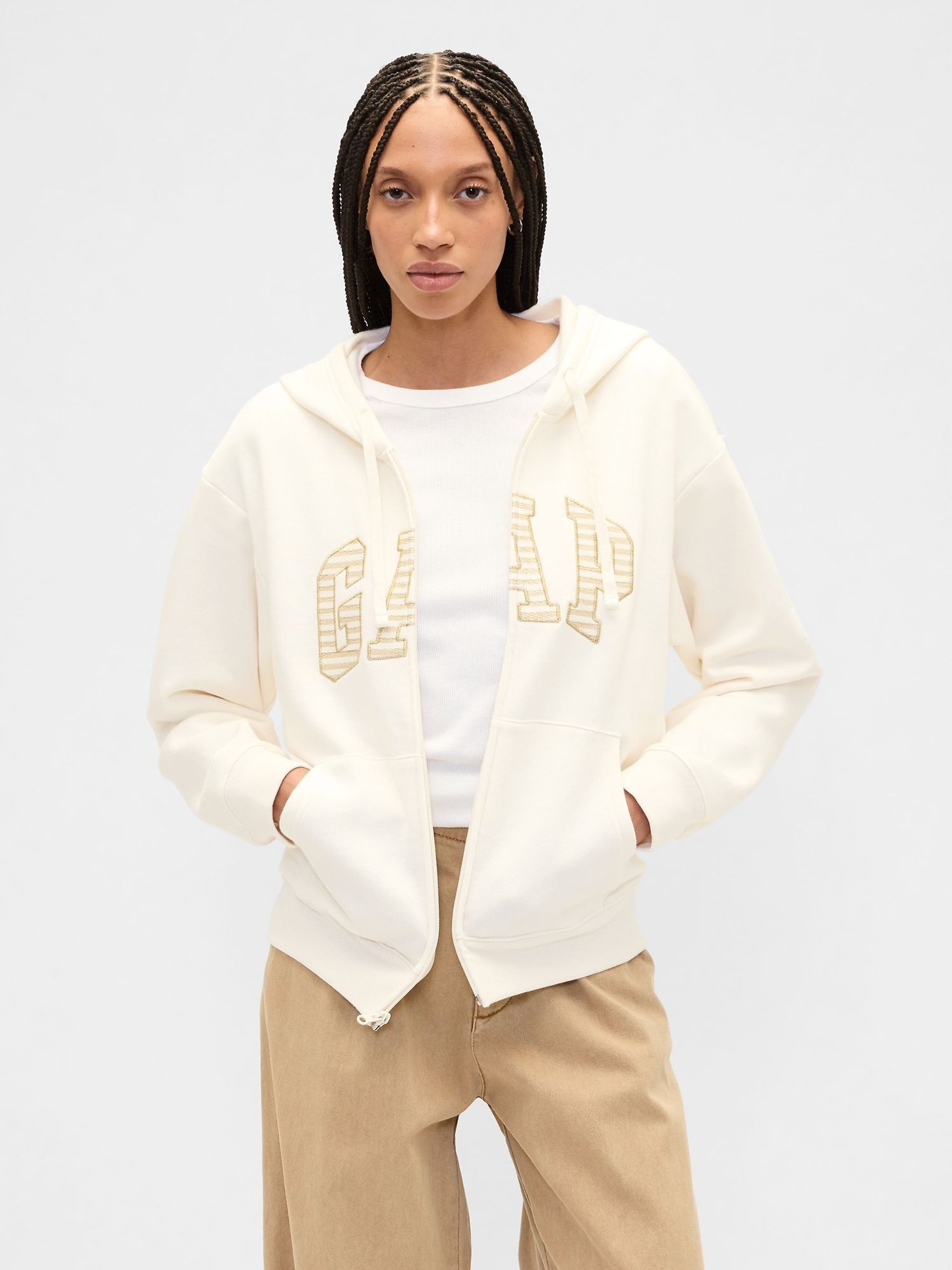 Cream Relaxed Logo Zip Hoodie (Y25353) | £40