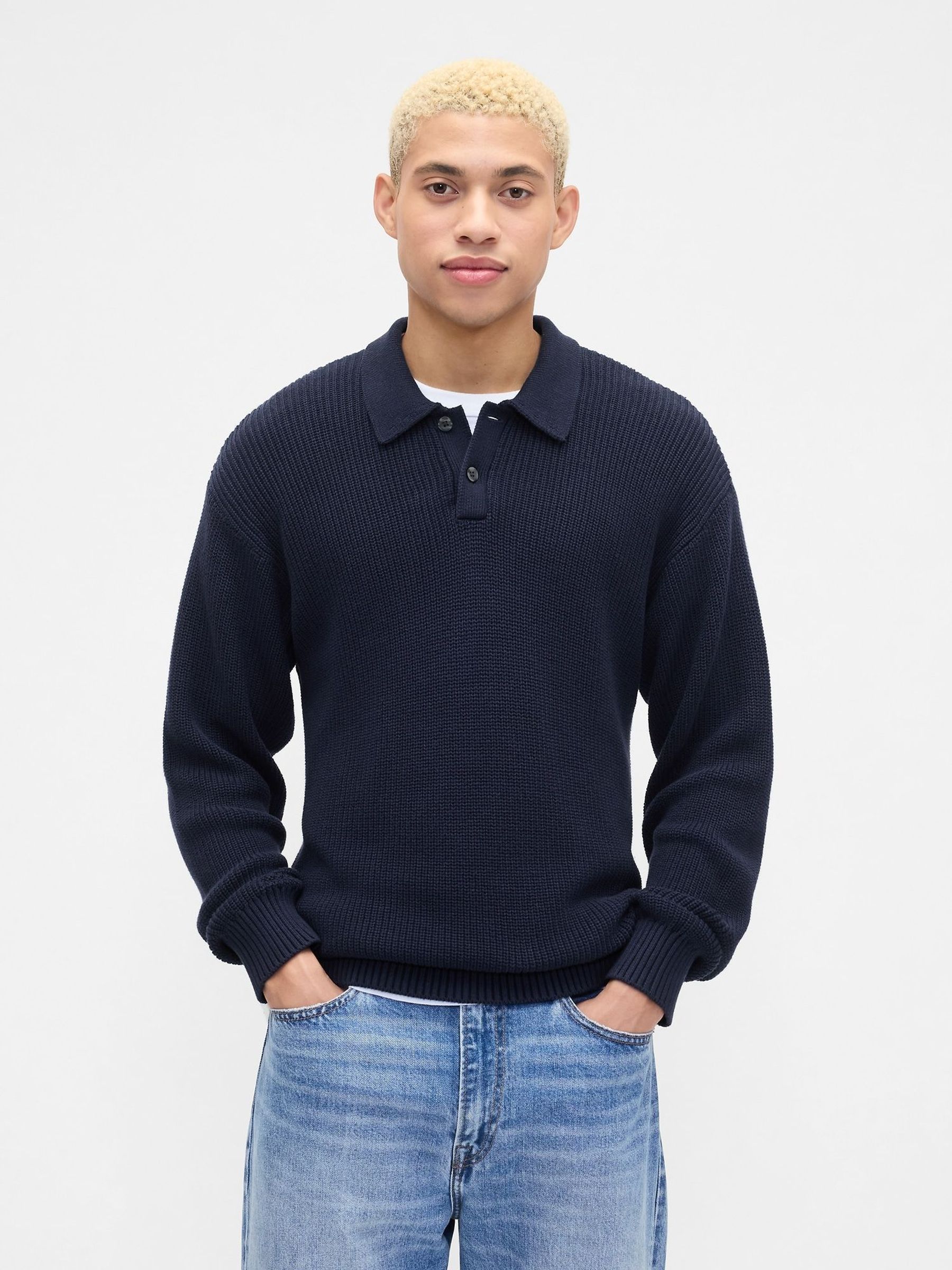 Navy Blue Relaxed Ribbed Jumper Polo Shirt (Y25444) | £45