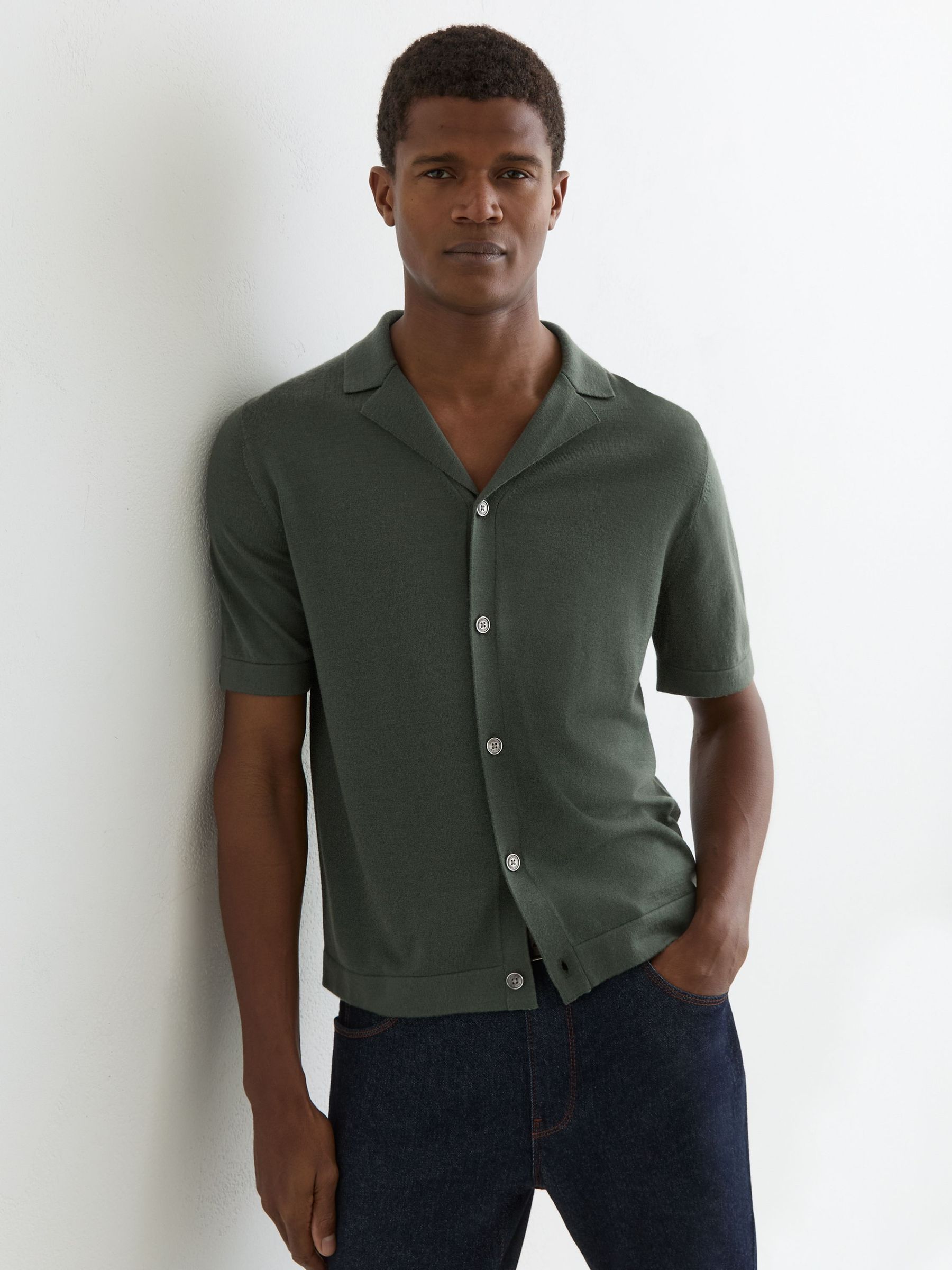 Merino Wool Cuban-Collar Shirt in Kale Green (Y26216) | £98