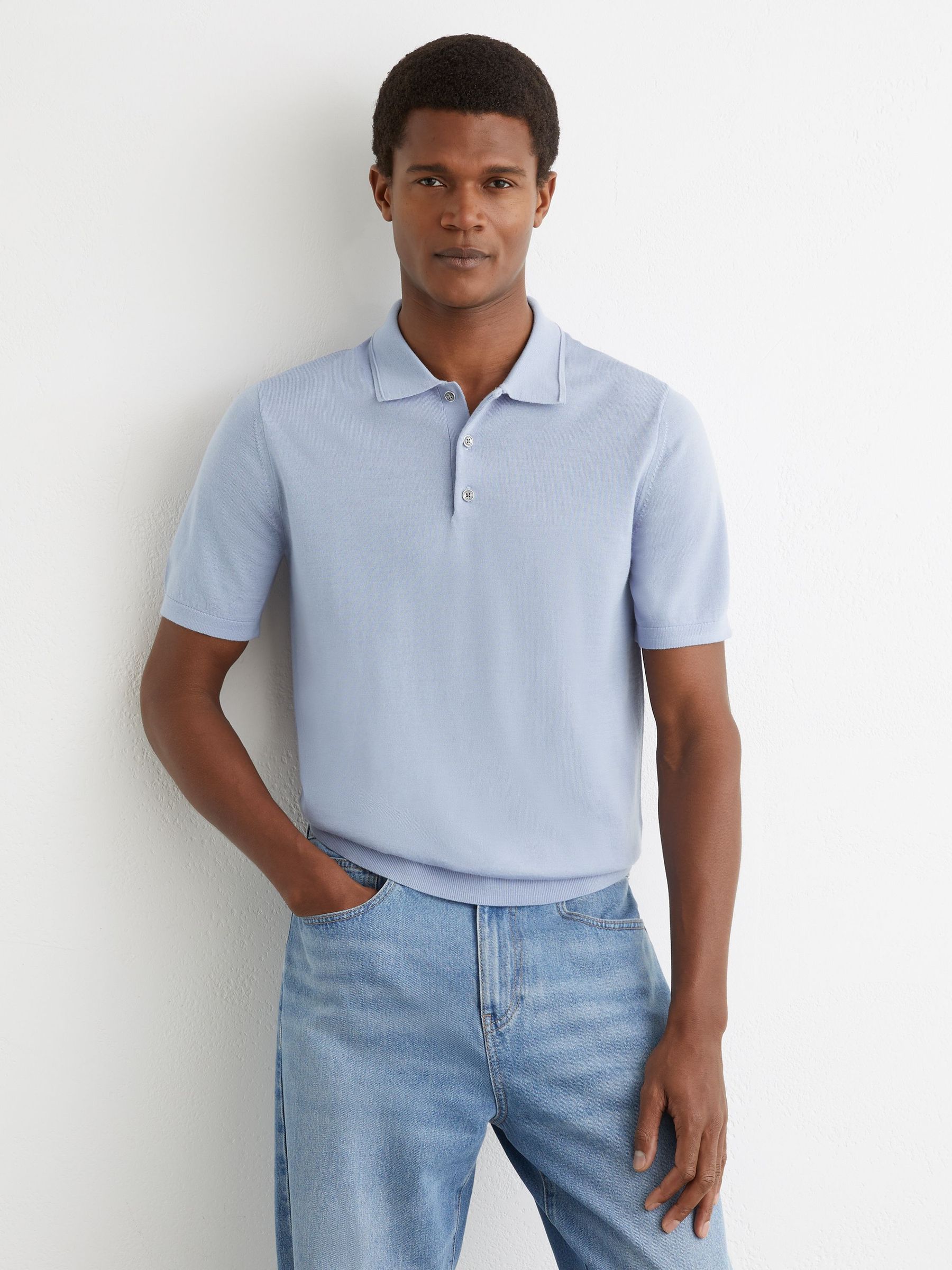 Merino Wool Short-Sleeve Polo Shirt in Sky Blue (Y26221) | £88