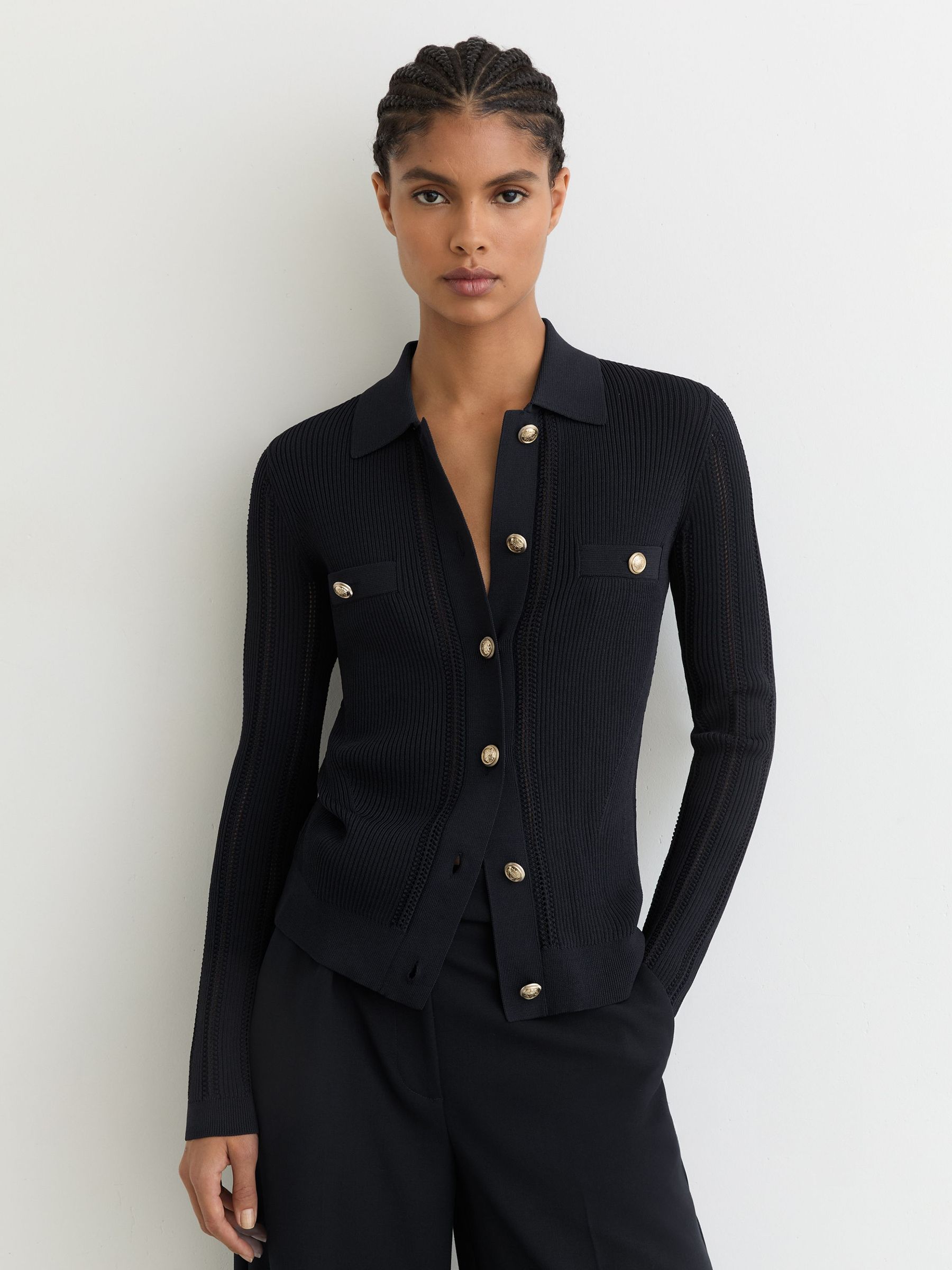Button-Through Knitted Top with Collar in Navy (Y27607) | £148