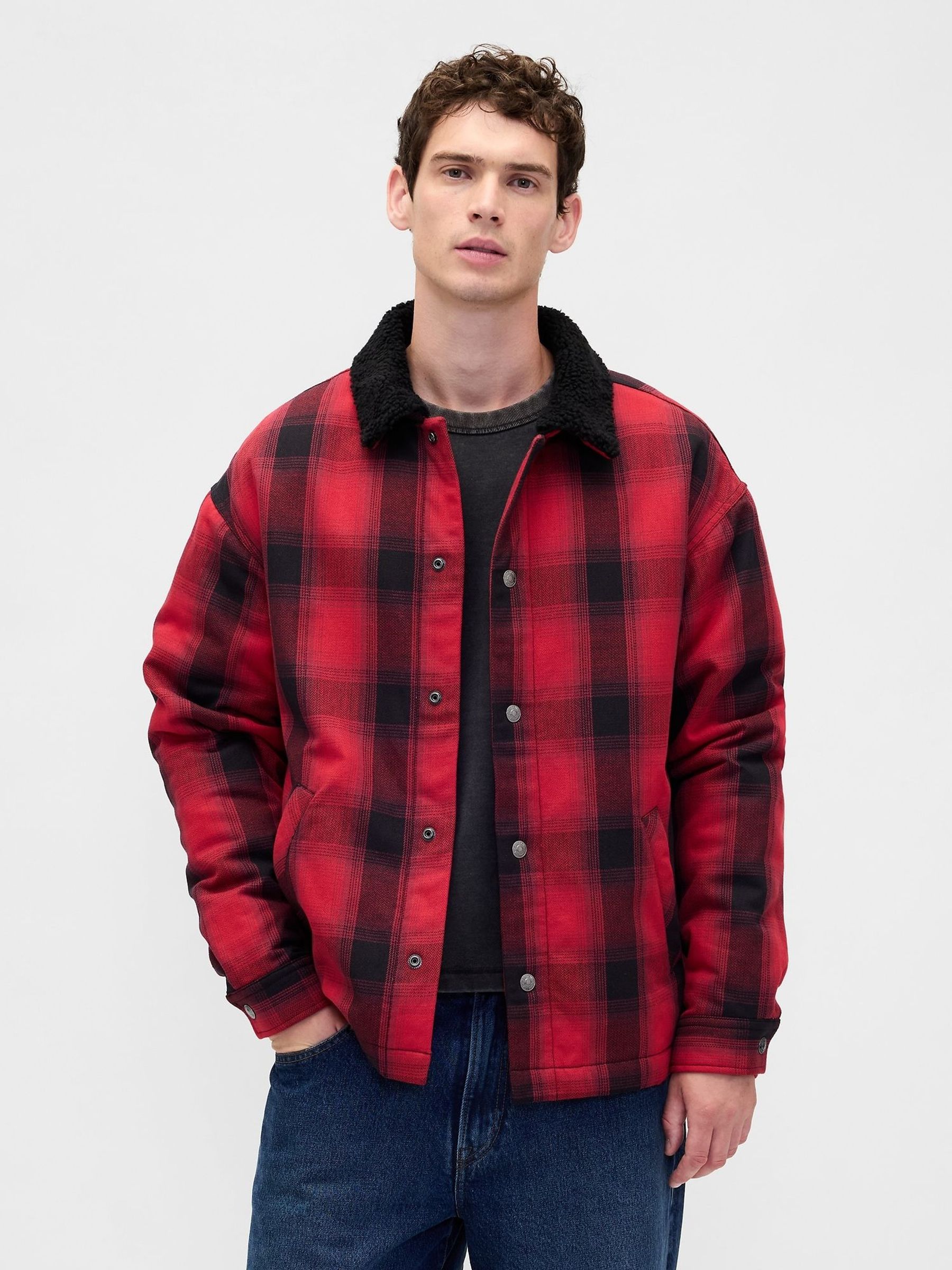 Red Stranger Things Sherpa-Lined Shirt Jacket (Y28680) | £125