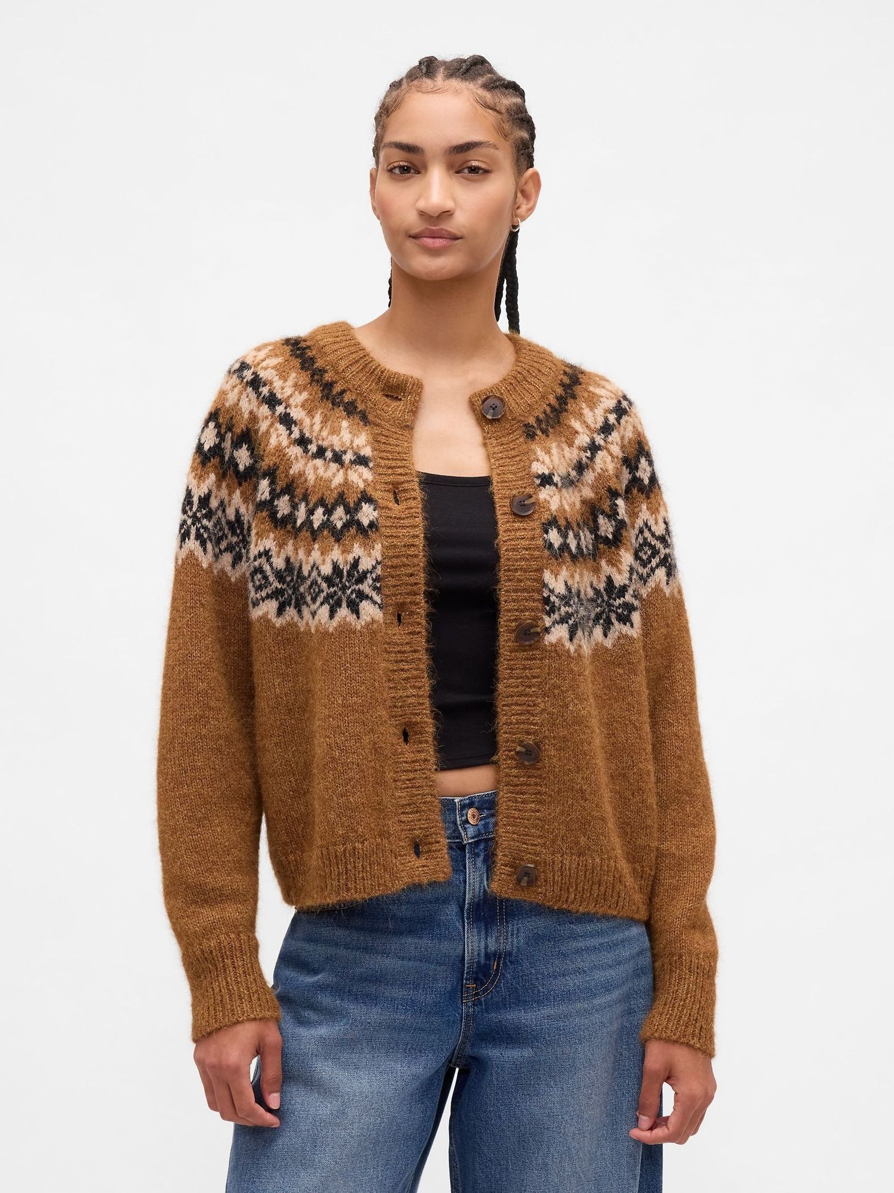 Brown Fuzzy Fair Isle Pattern Cardigan (Y28726) | £65