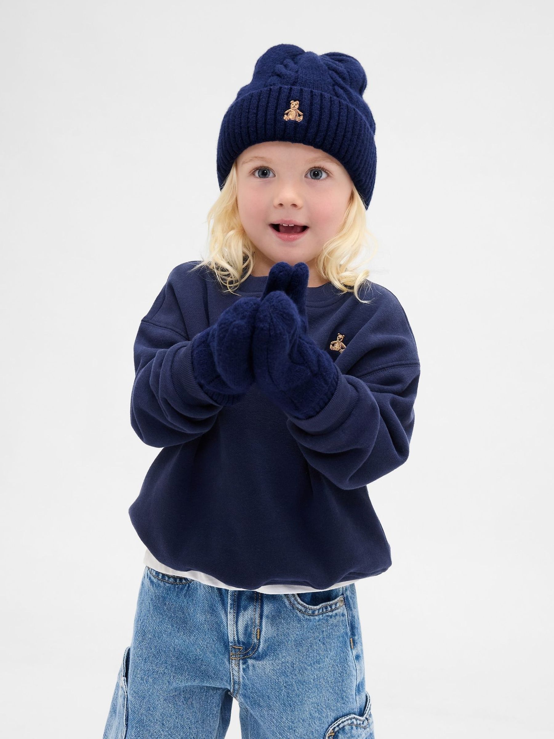 Blue CashSoft Cable-Knit Beanie and Mittens Set (Y29439) | £25