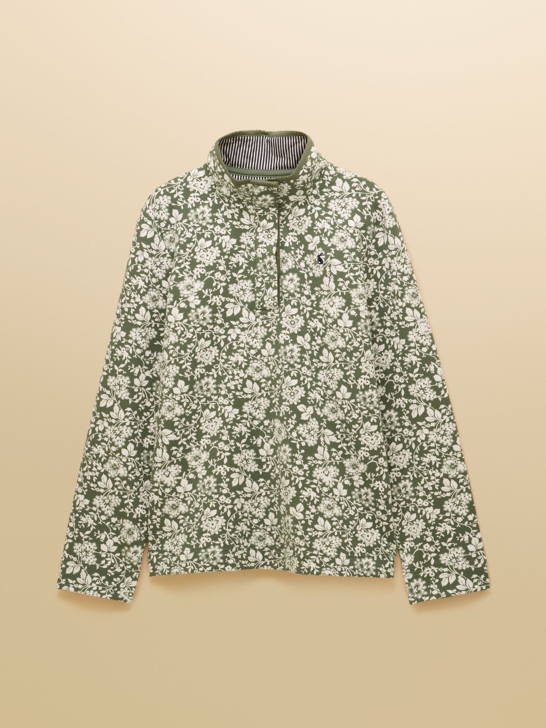 Khaki Green - Printed Sweatshirt With Buttoned Funnel Neck