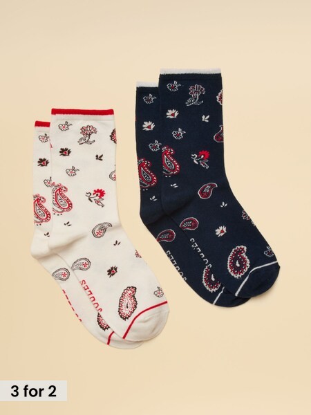 Cream & Navy Paisley - Cotton Blend Socks 2 Pack (size 4-8)