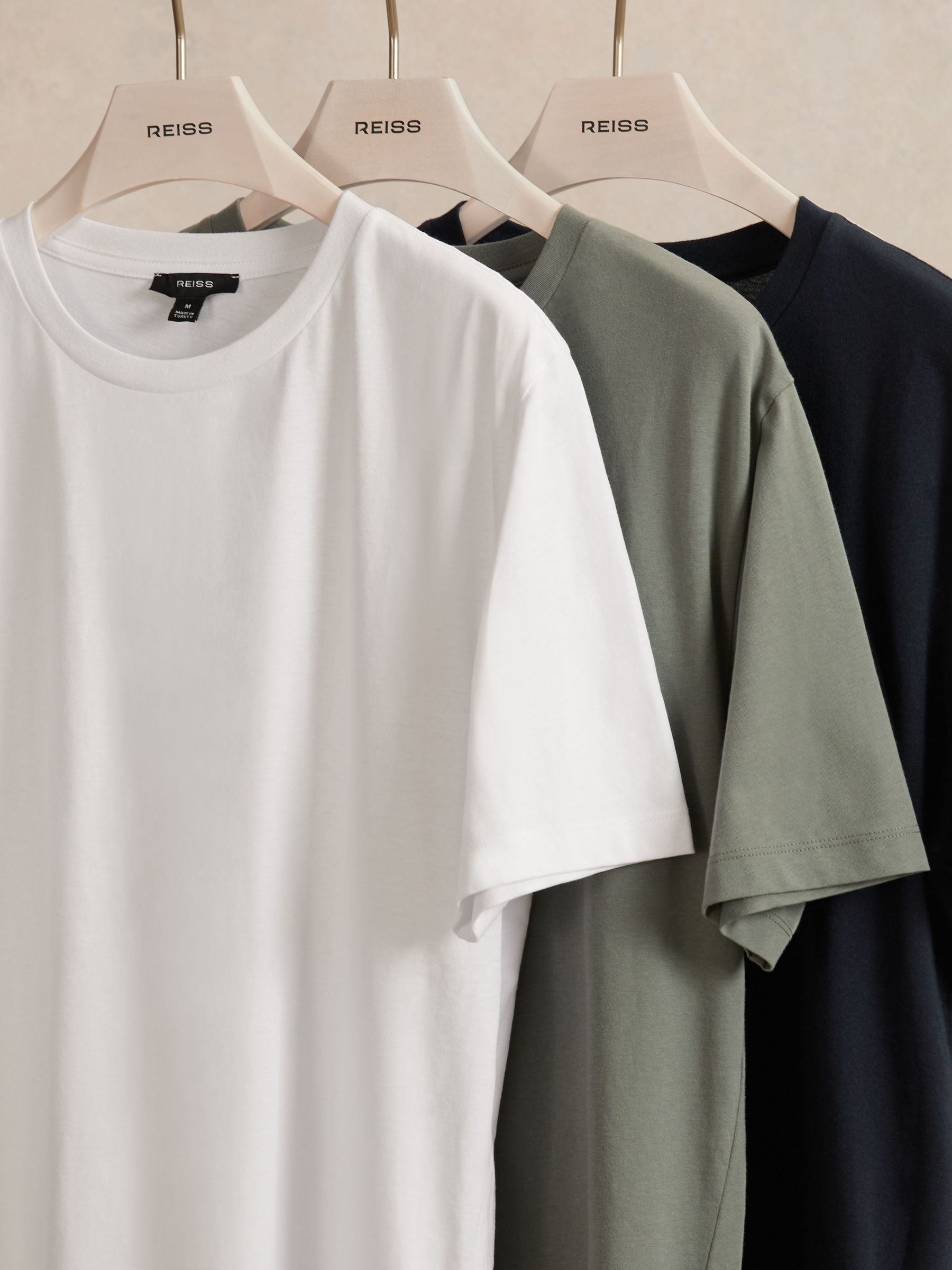Cotton Crew-Neck T-shirts 3 Pack in White/Navy/Sage (Y32247) | £78