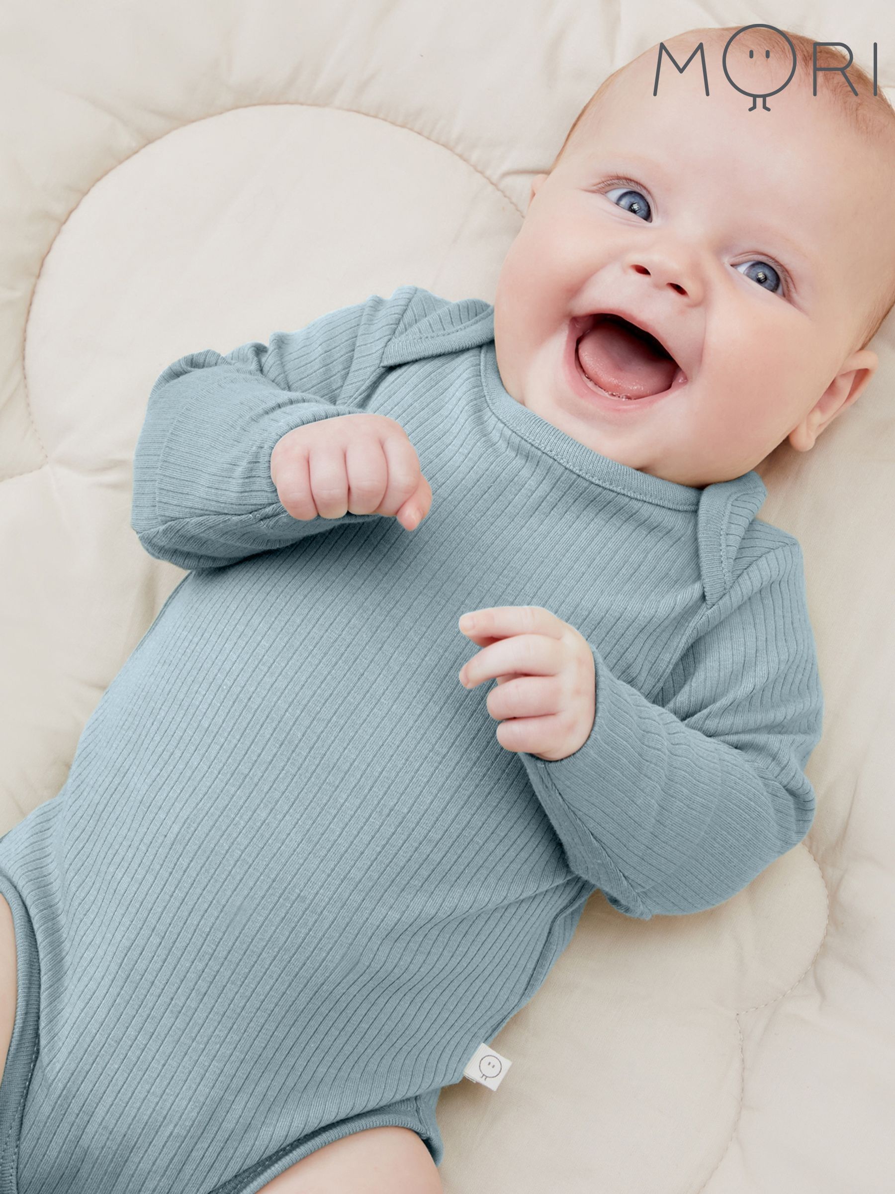 MORI Blue Ribbed Stretch Long Sleeve Envelope Neckline Bodysuit (Y35504) | £19.50