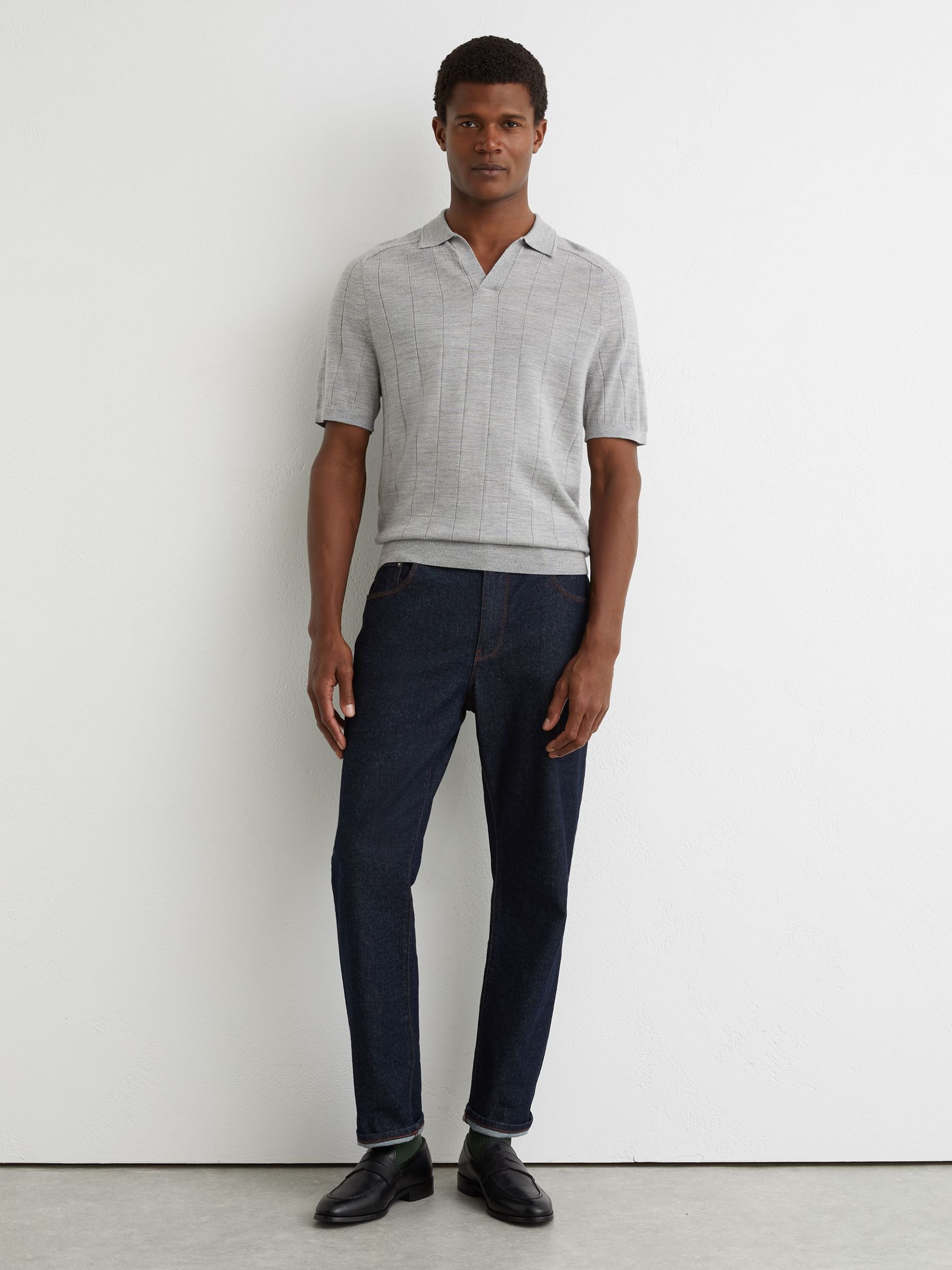 Merino Wool Wide-Rib Polo Jumper in Soft Grey Mouline (Y36090) | £88