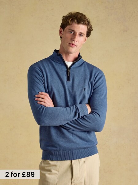 Blue - Regular Quarter Zip Knitted Jumper