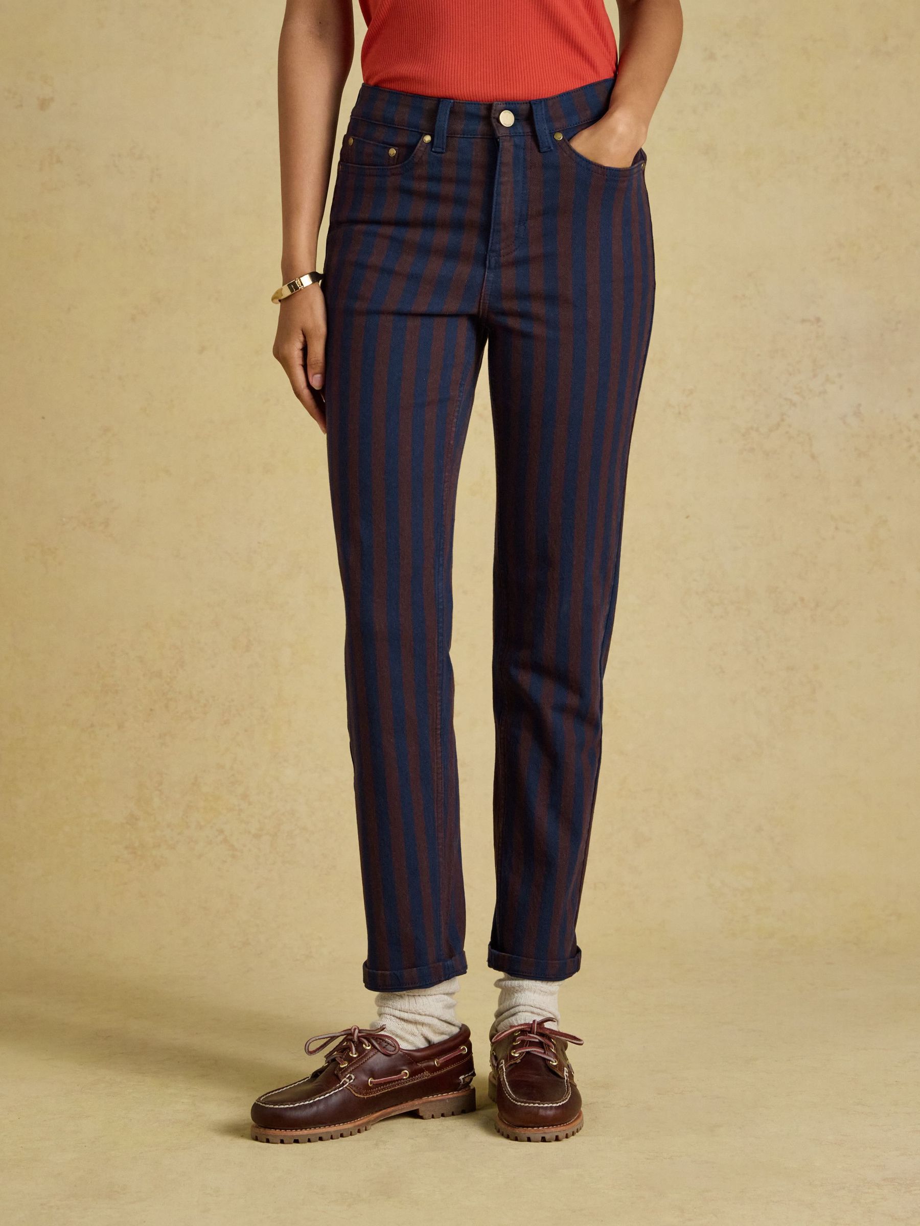 Brown/Navy Striped - Slim Straight Mid Rise Jeans