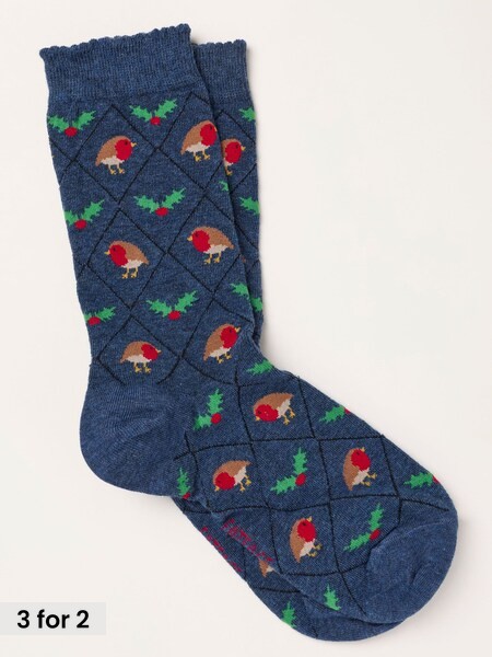 Navy - Christmas Robin Argyle Socks