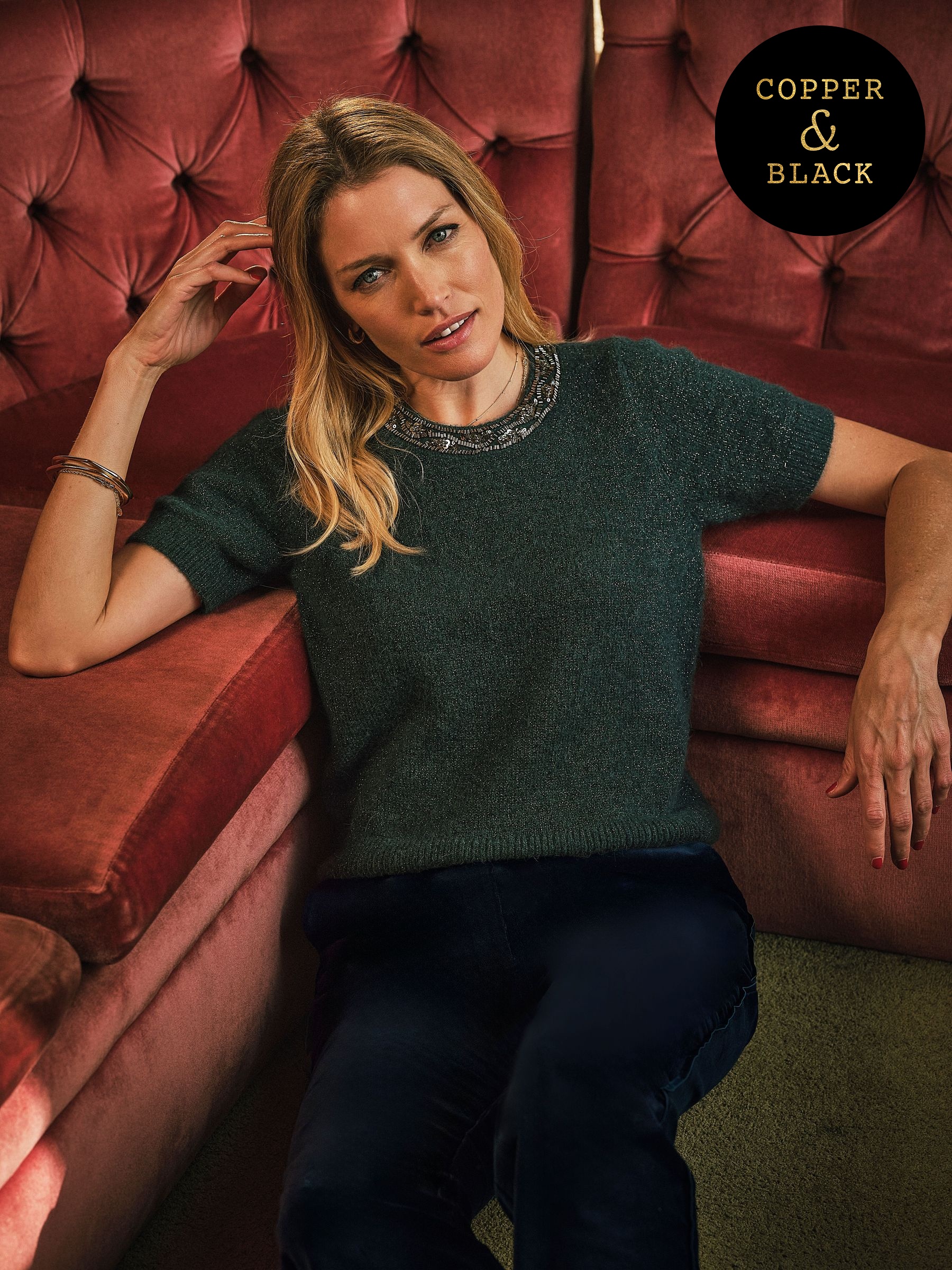 Teal Blue - Embellished Collar Knit Top