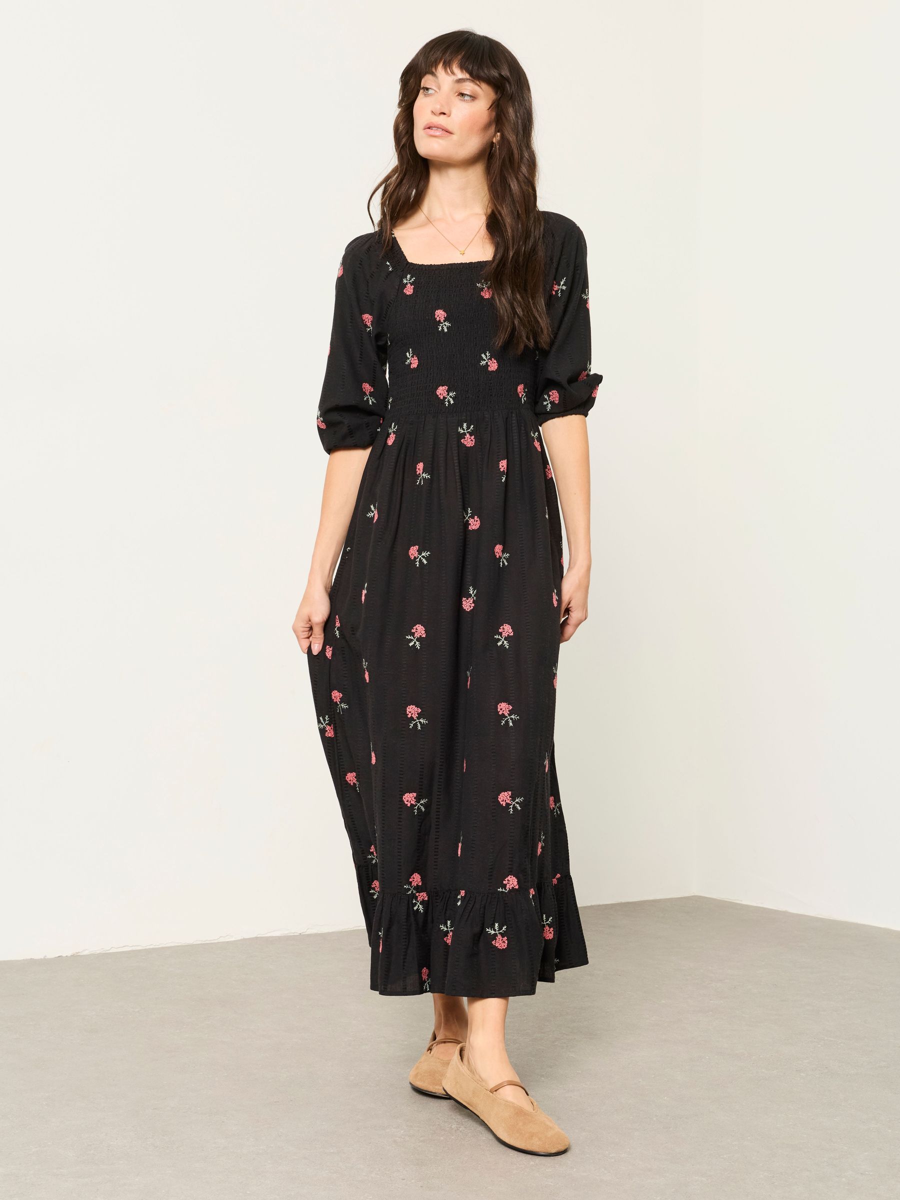 Black - Embroidered Midi Dress