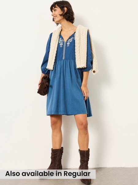 Blue - Western Embroidered Yoke Mini Dress