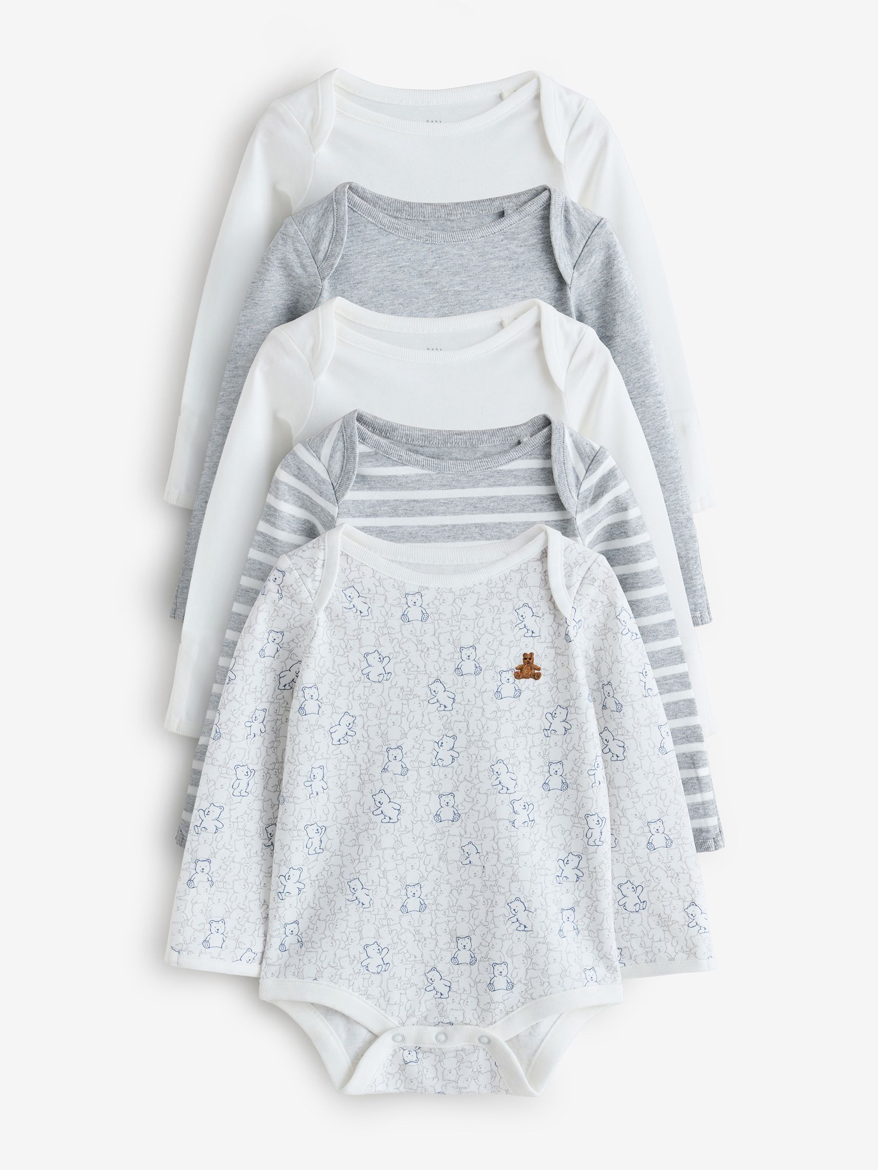 White and Grey - 5 Pack Brannan Bear Long Sleeve Baby Bodysuit