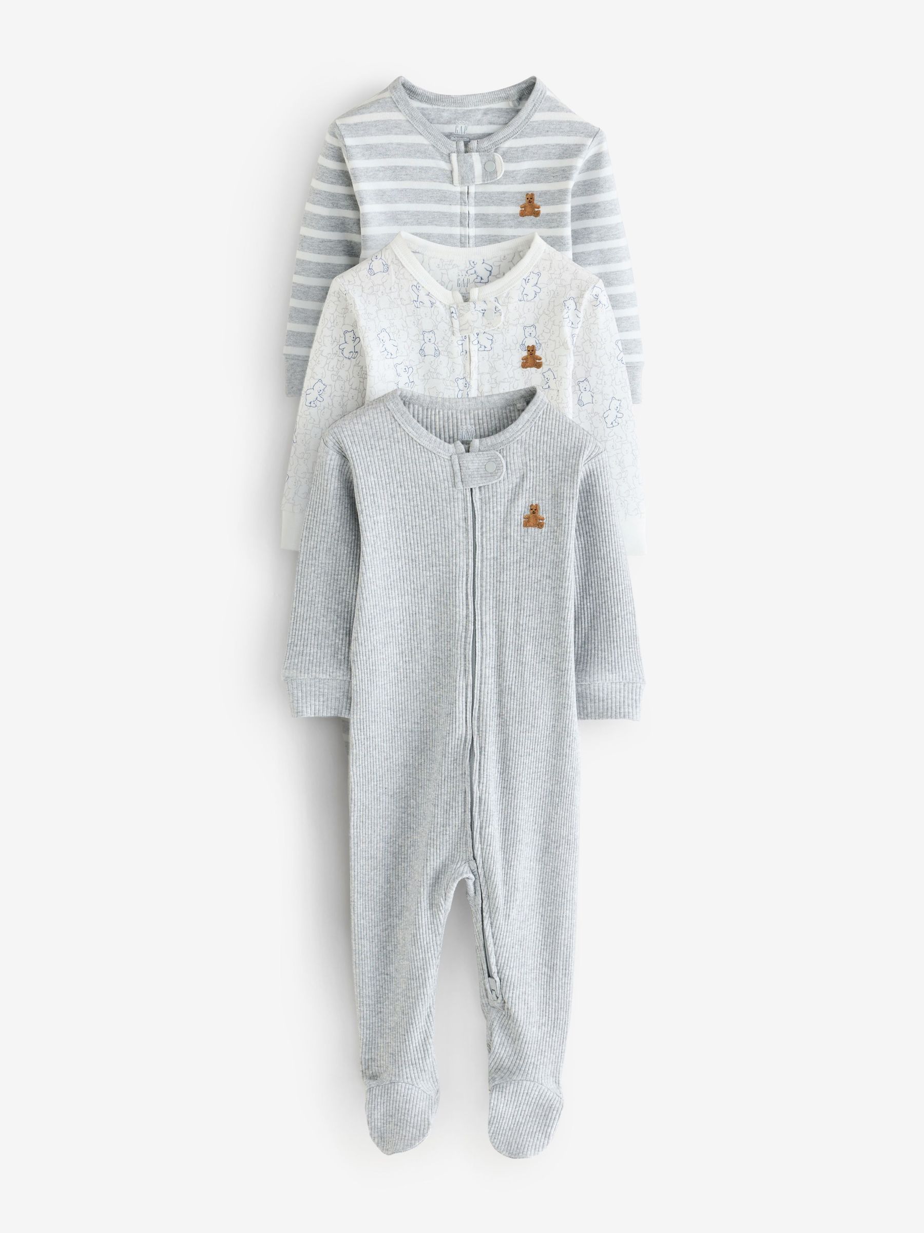 Grey and White - 3 Pack Baby Sleepsuit