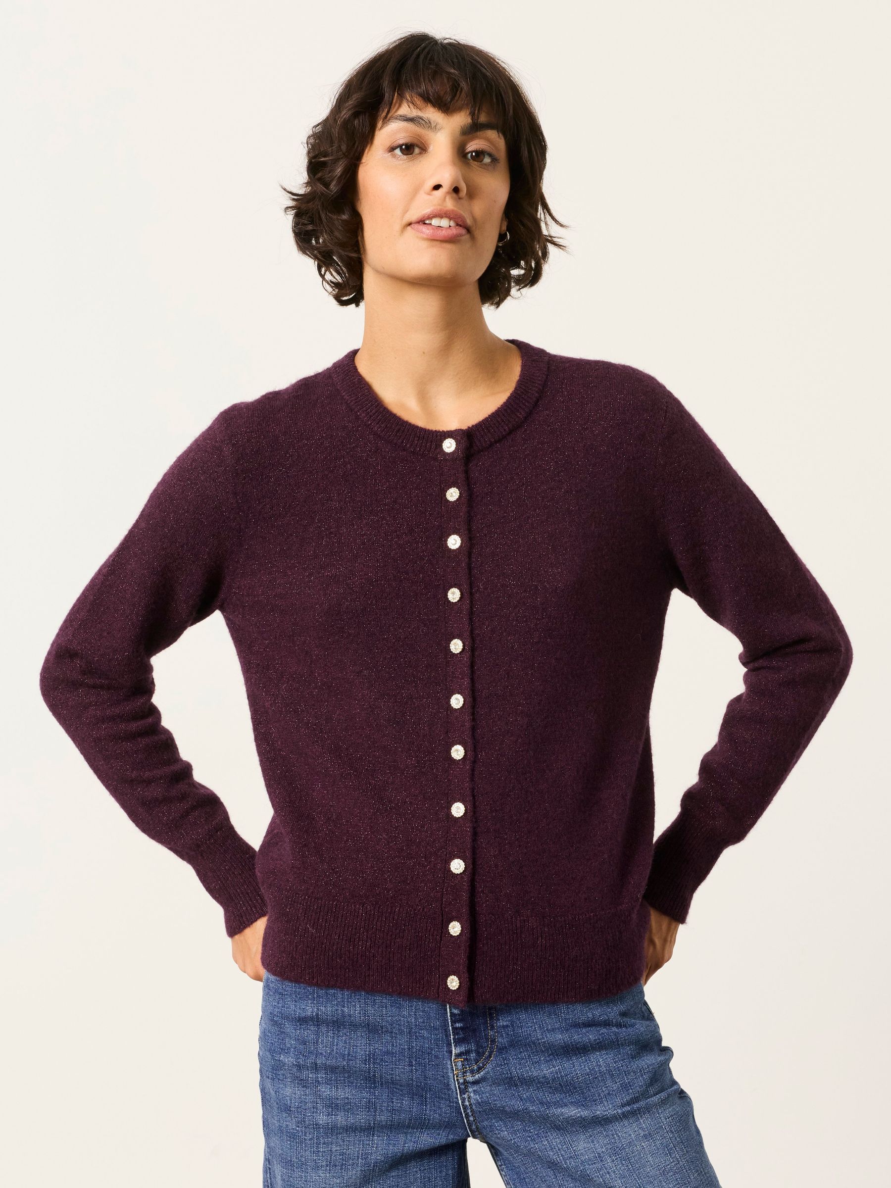 Dark Red - Sparkle Crew Neck Christmas Cardigan