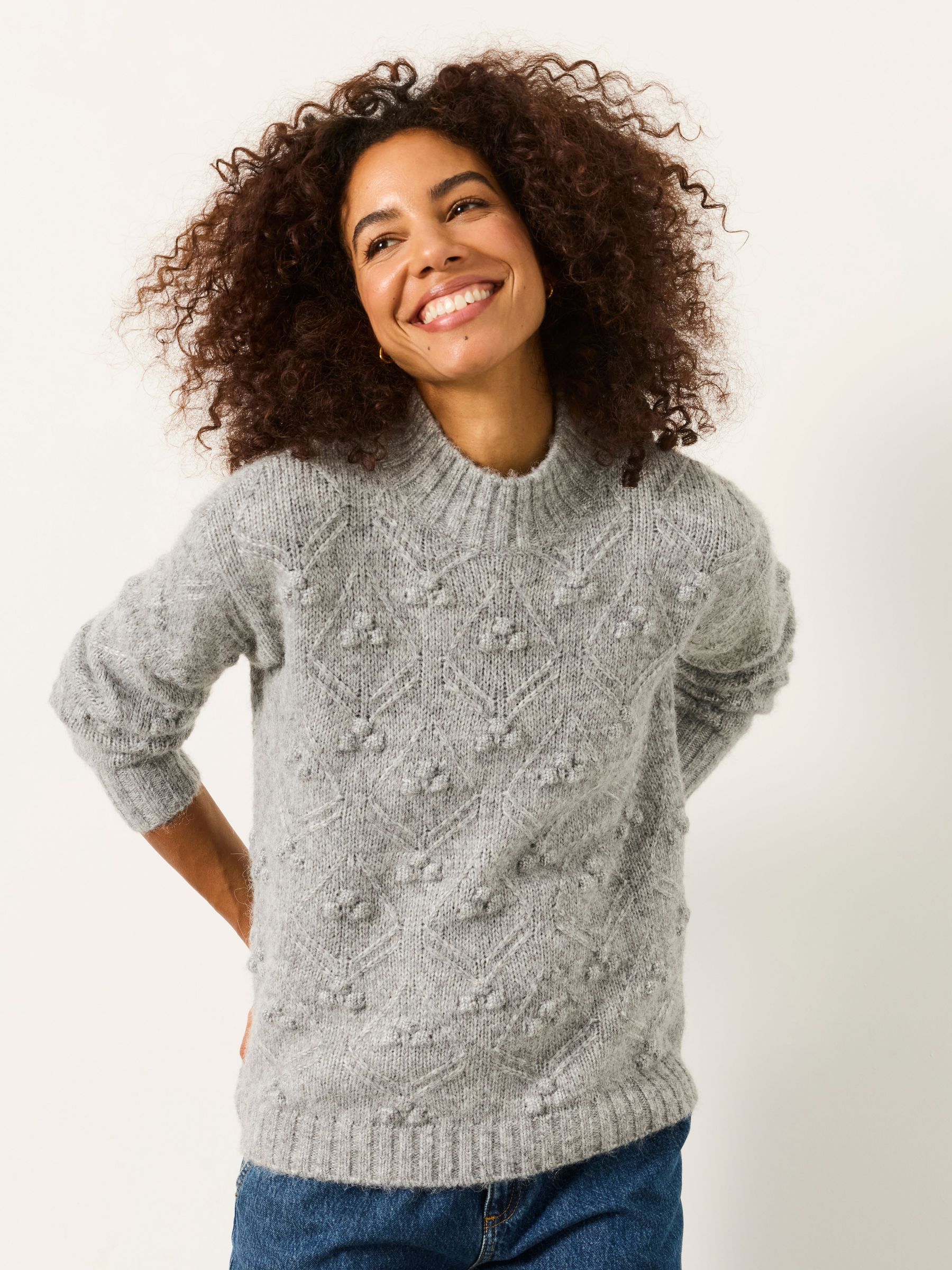 Grey - Knitted Bobble Texture Jumper