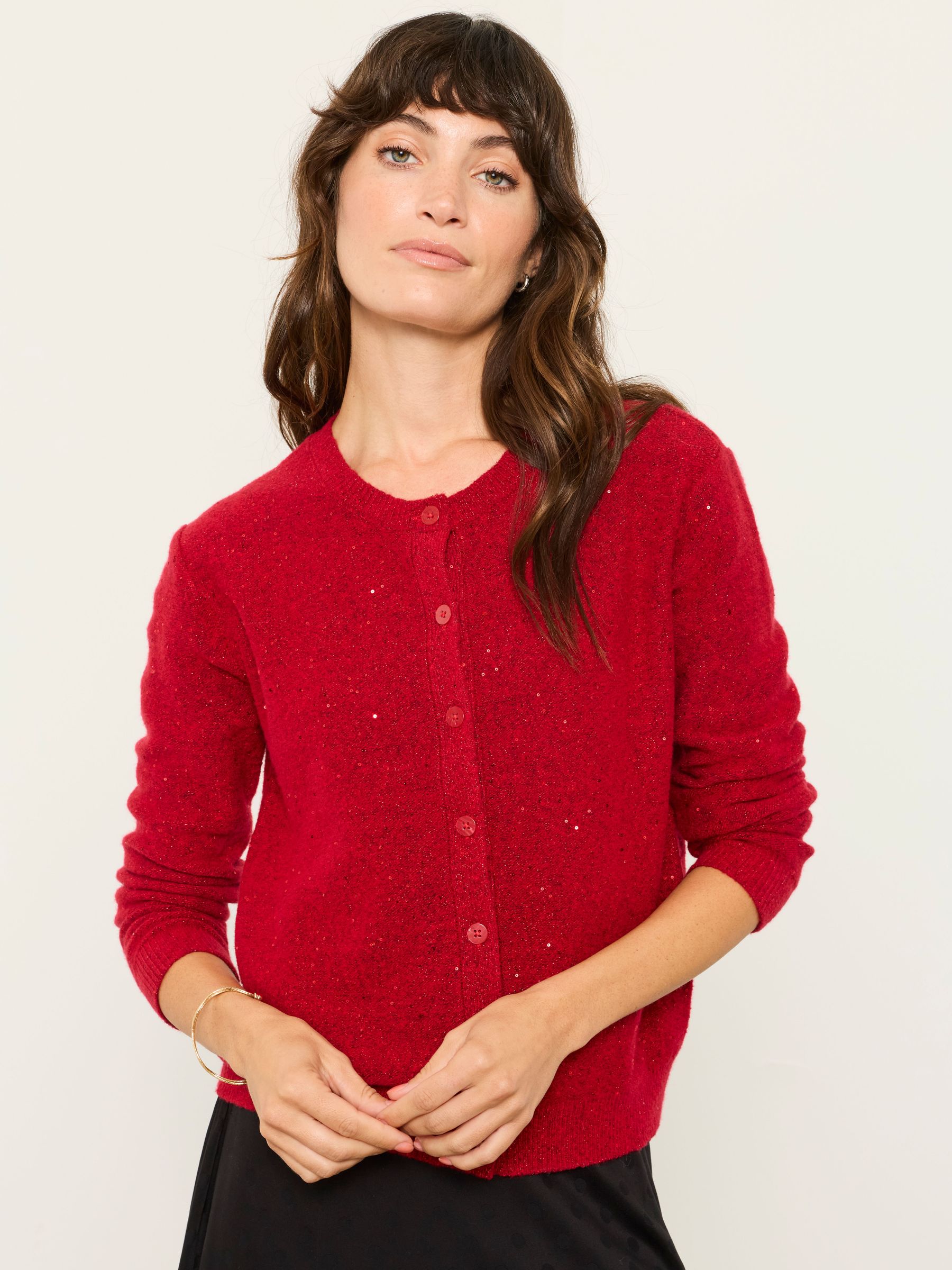 Red - Knitted Sequin Sparkle Crew Cardigan