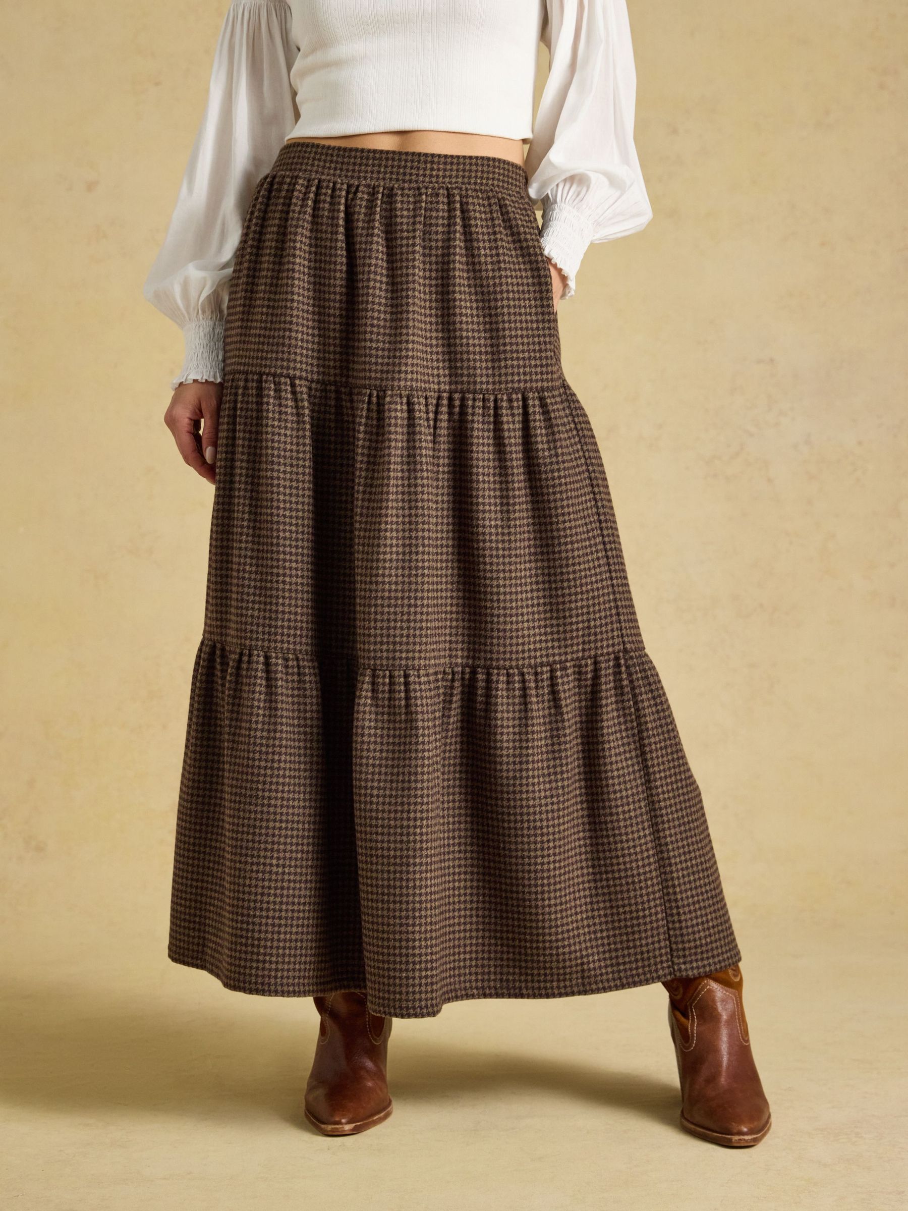Brown Houndstooth - Tiered Maxi Skirt