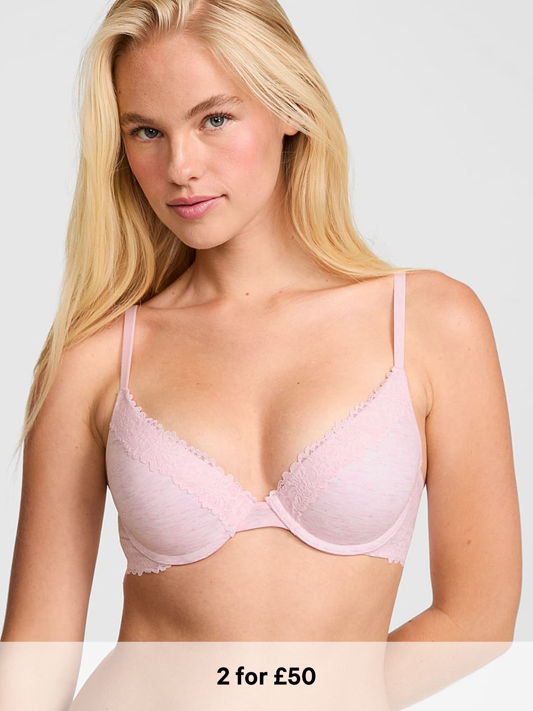 Petal Pink - Non Wired Push Up Lace Trim Bra
