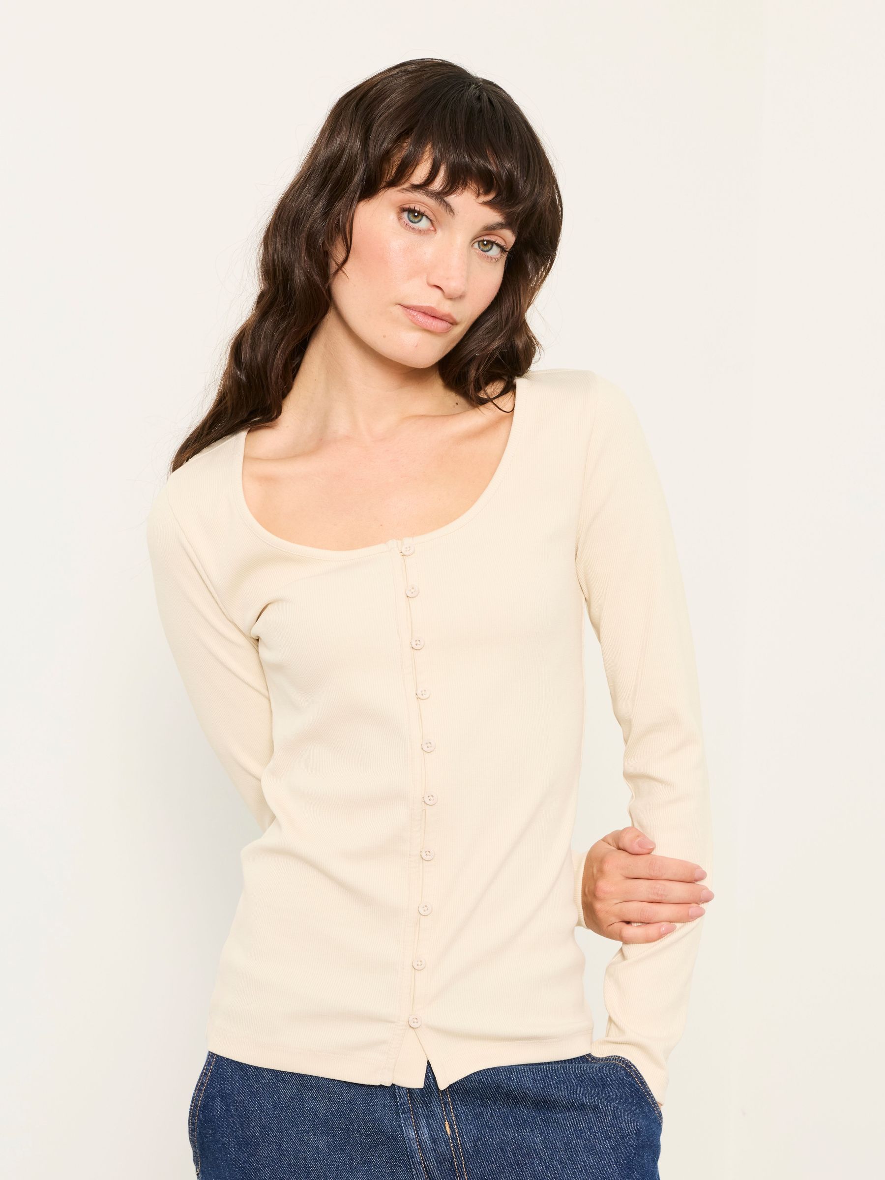Ecru - Button Ribbed Long Sleeve Top