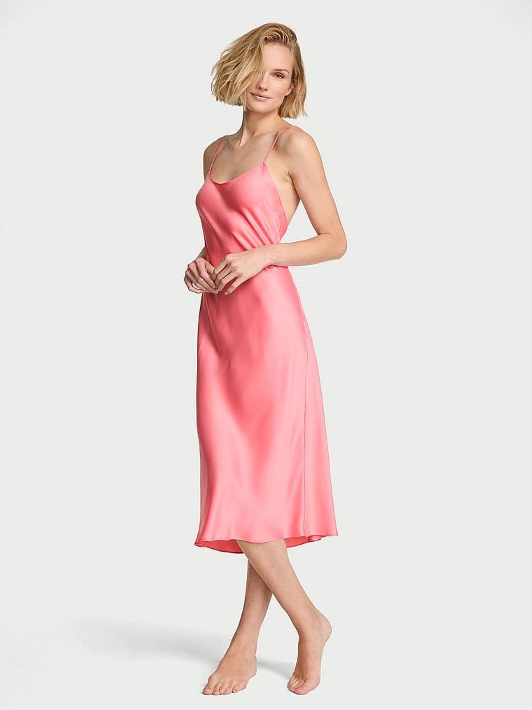 Wild Salmon Pink - Satin Midi Slip Dress