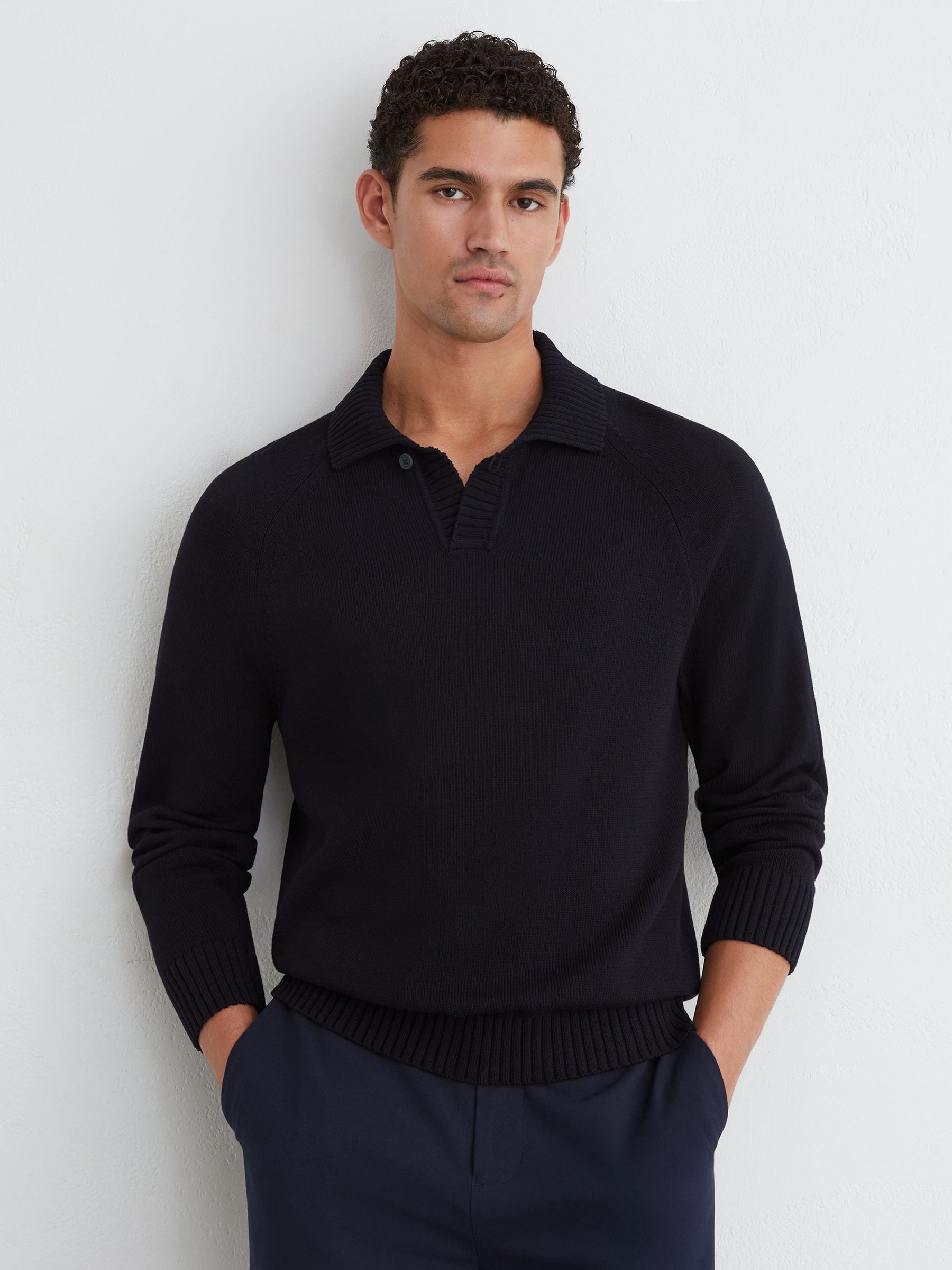 Navy - Regular Cotton Open-collar Polo Jumper