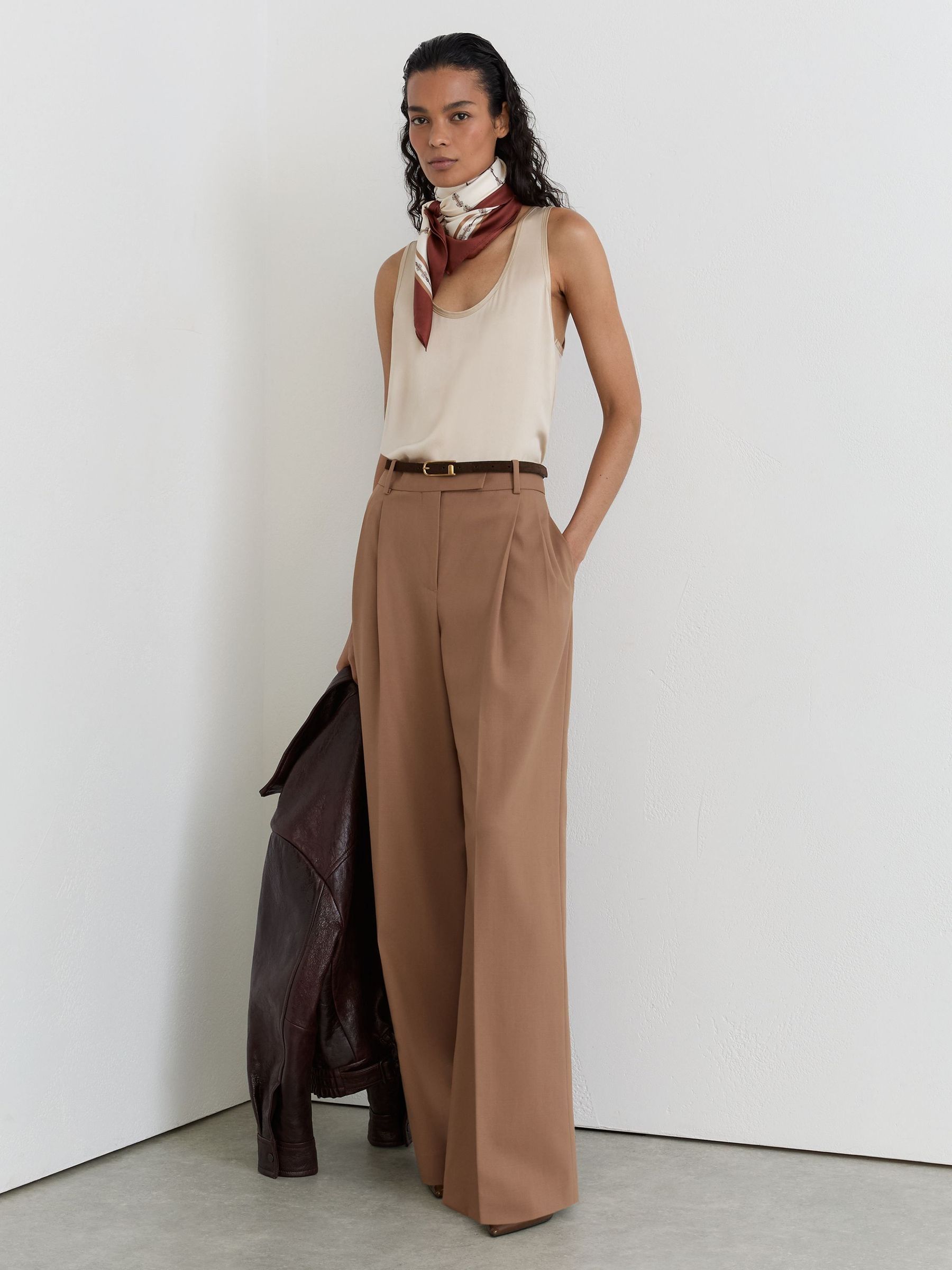 Camel - Wool-blend Wide-leg Pleated Trousers