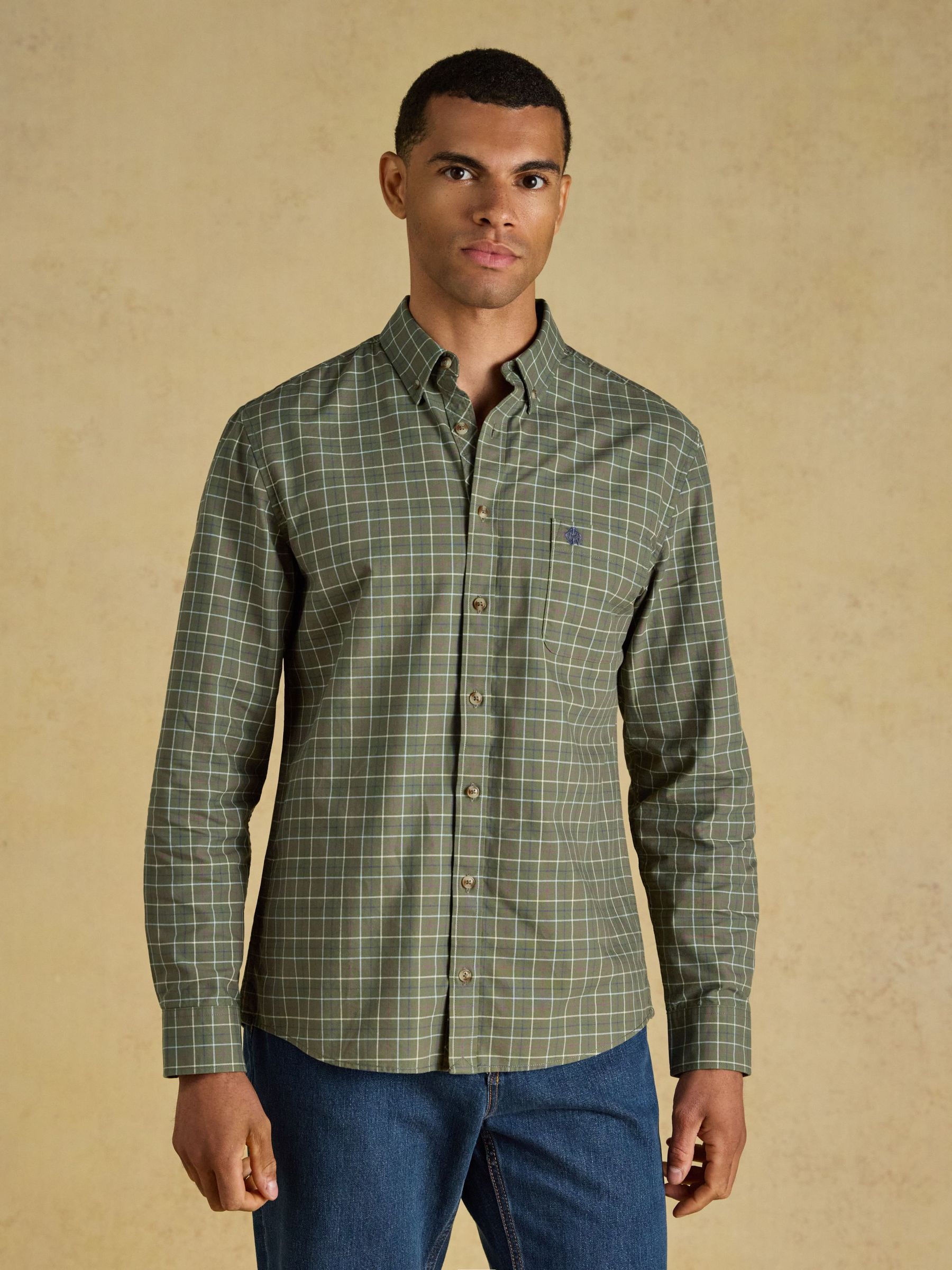 Khaki Green - Regular Checked Classic Fit Cotton Oxford Shirt