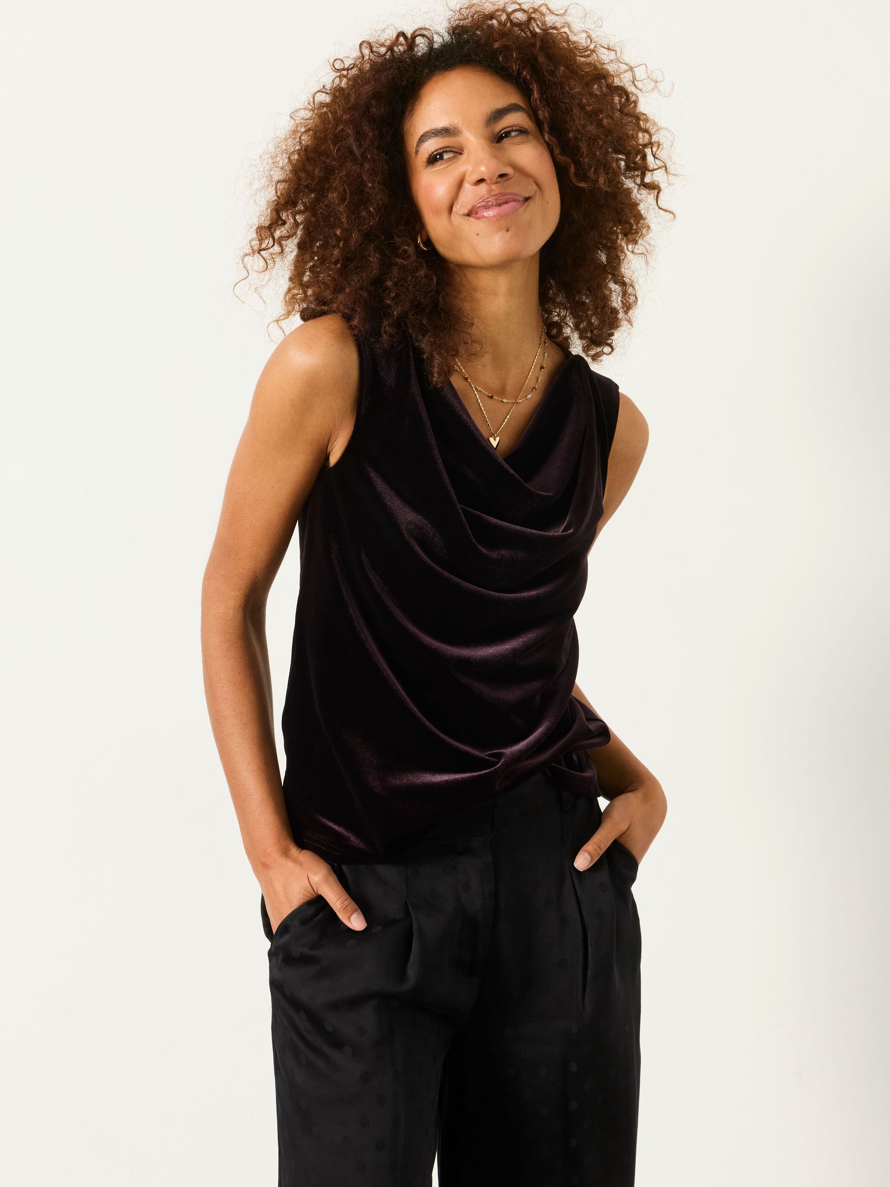 Purple - Sleeveless Velvet Cowl Neck Top