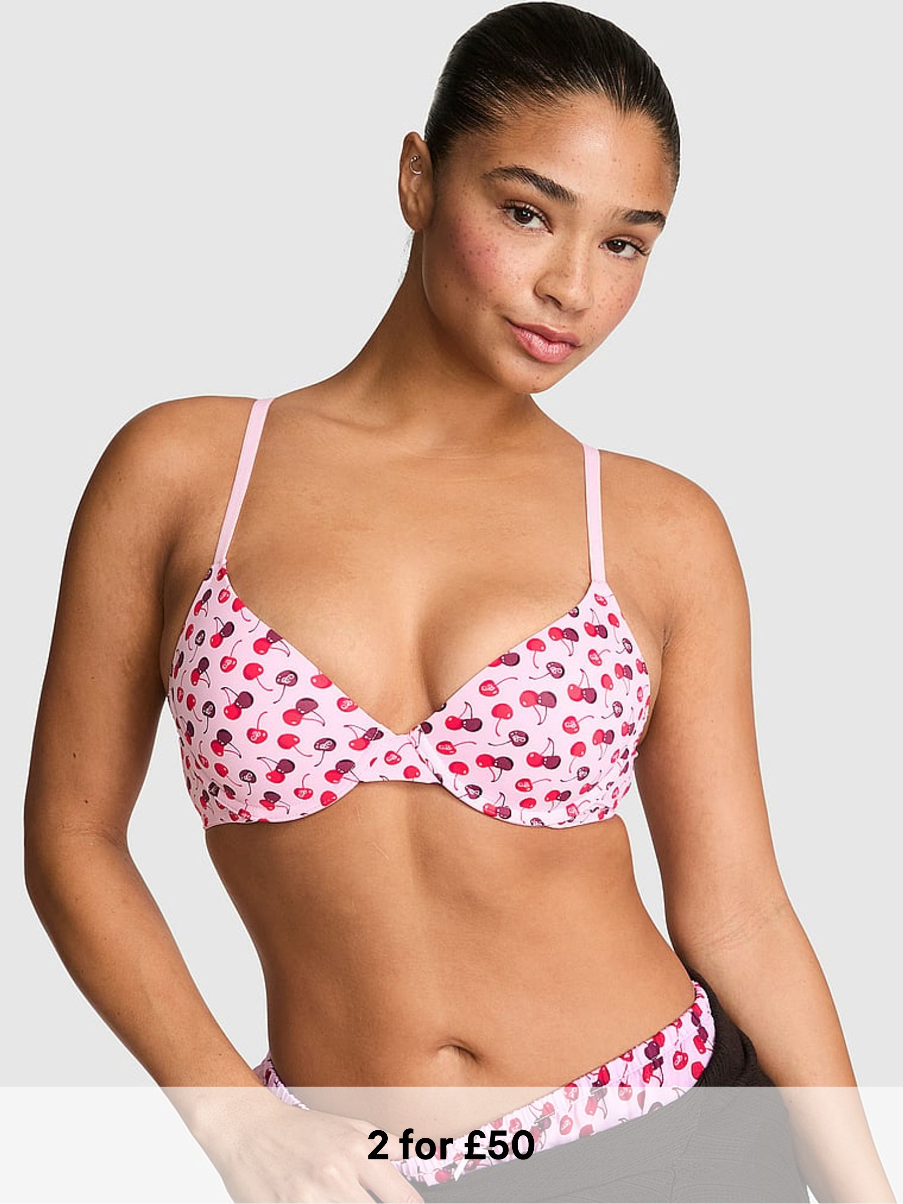 Pink Tulip Cherry Print - Lightly Lined Bra