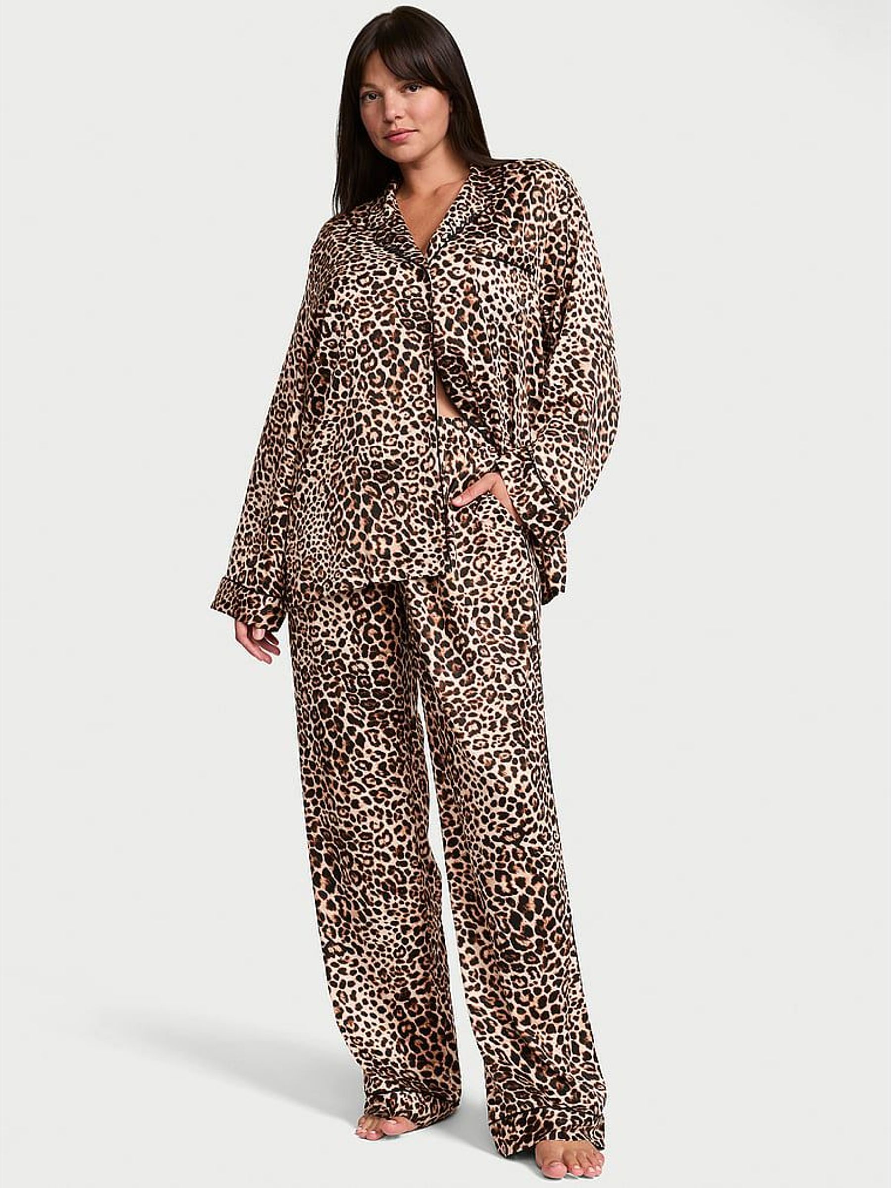 Leopard Brown - Satin Long Pyjamas Set