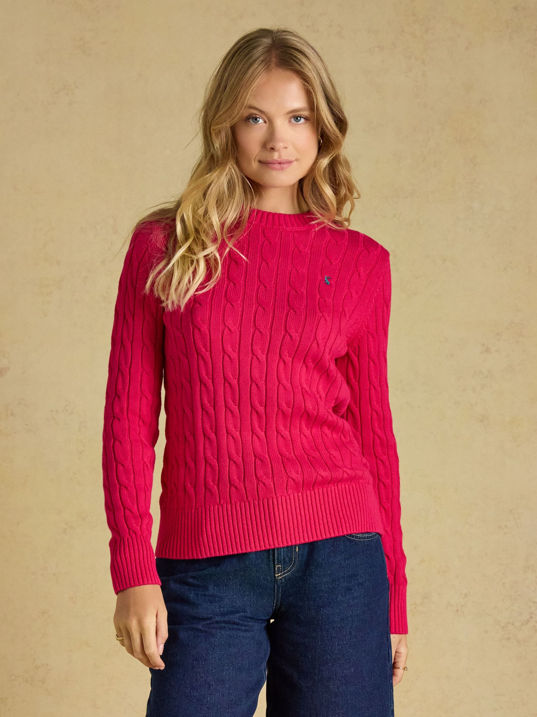 Fuchsia Pink - Classic Crew Neck Cotton Cable Knit Jumper