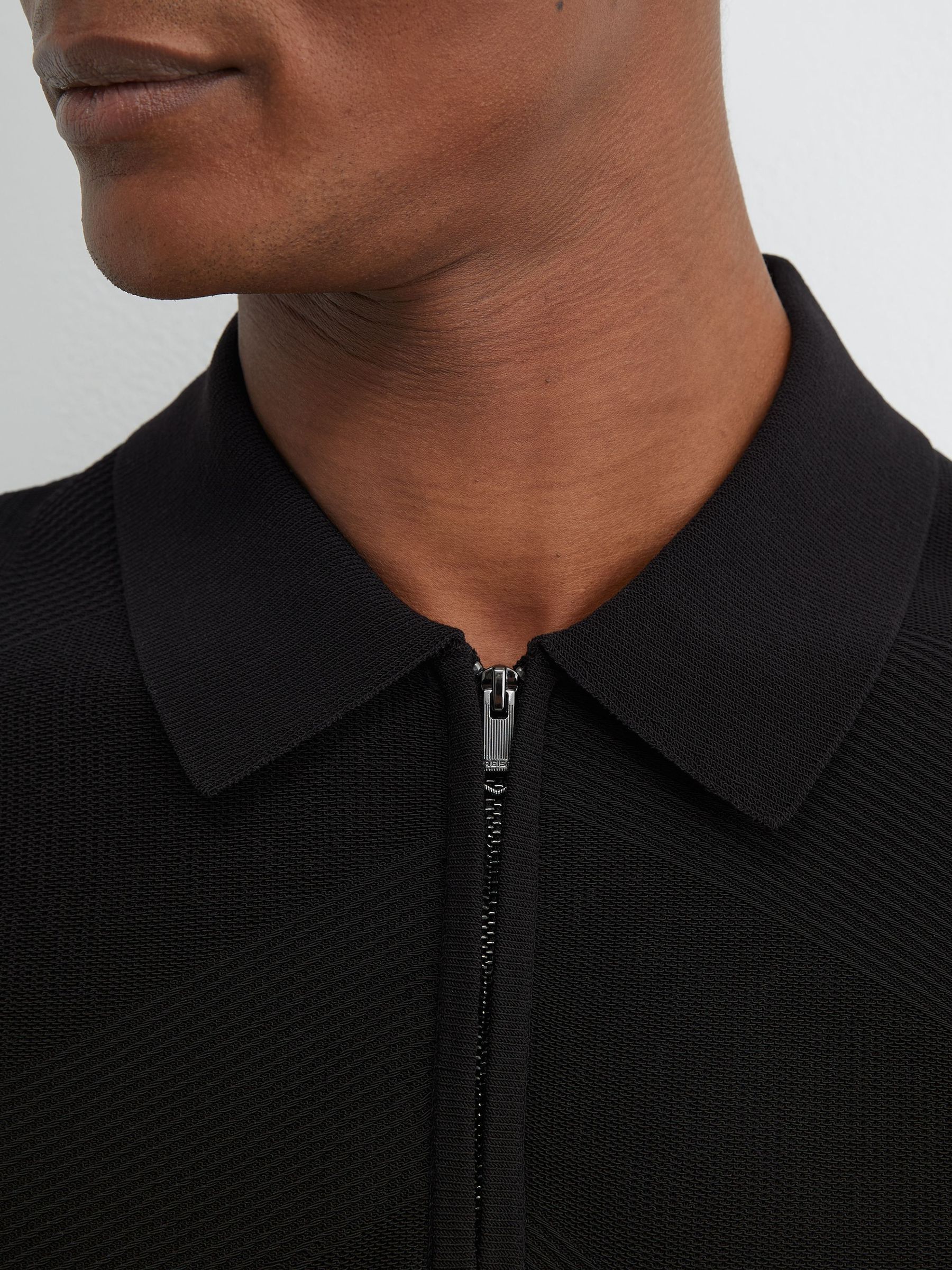 Black - Regular Cotton-blend Chevron-knit Half-zip Polo Shirt