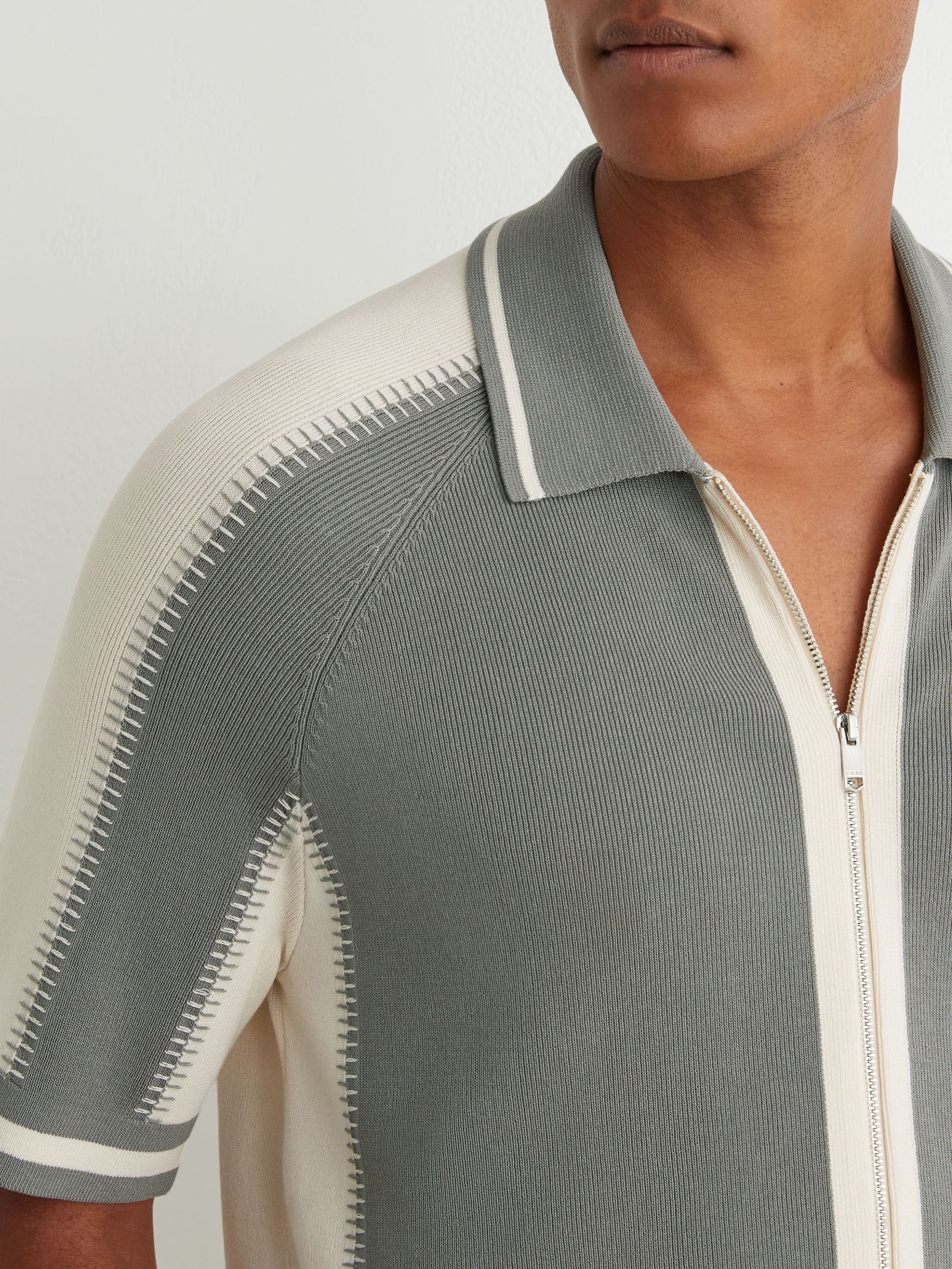 Sage Green/Ecru - Regular Colour-block Zip-through Knit Shirt