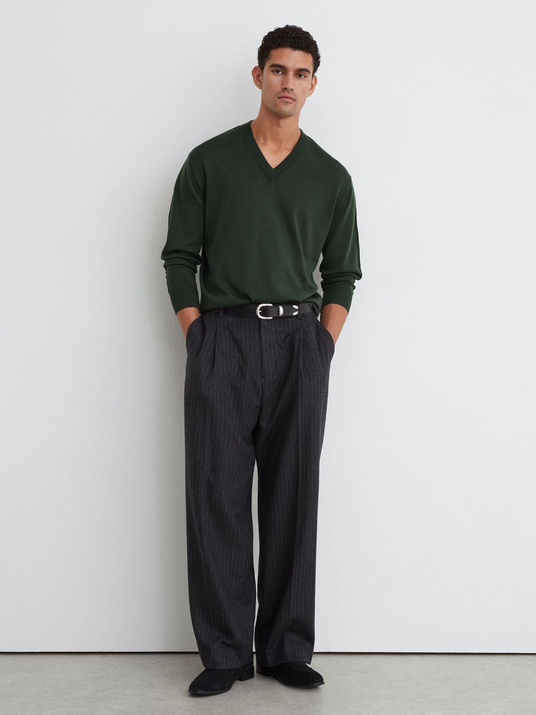 Dark Green - Regular Merino Wool V-neck Jumper