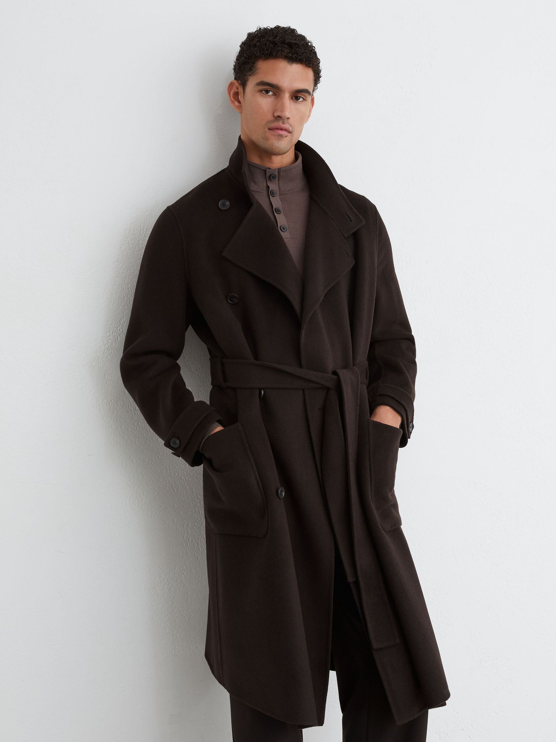 Dark Brown - Regular Wool-blend Blindseam Belted Overcoat