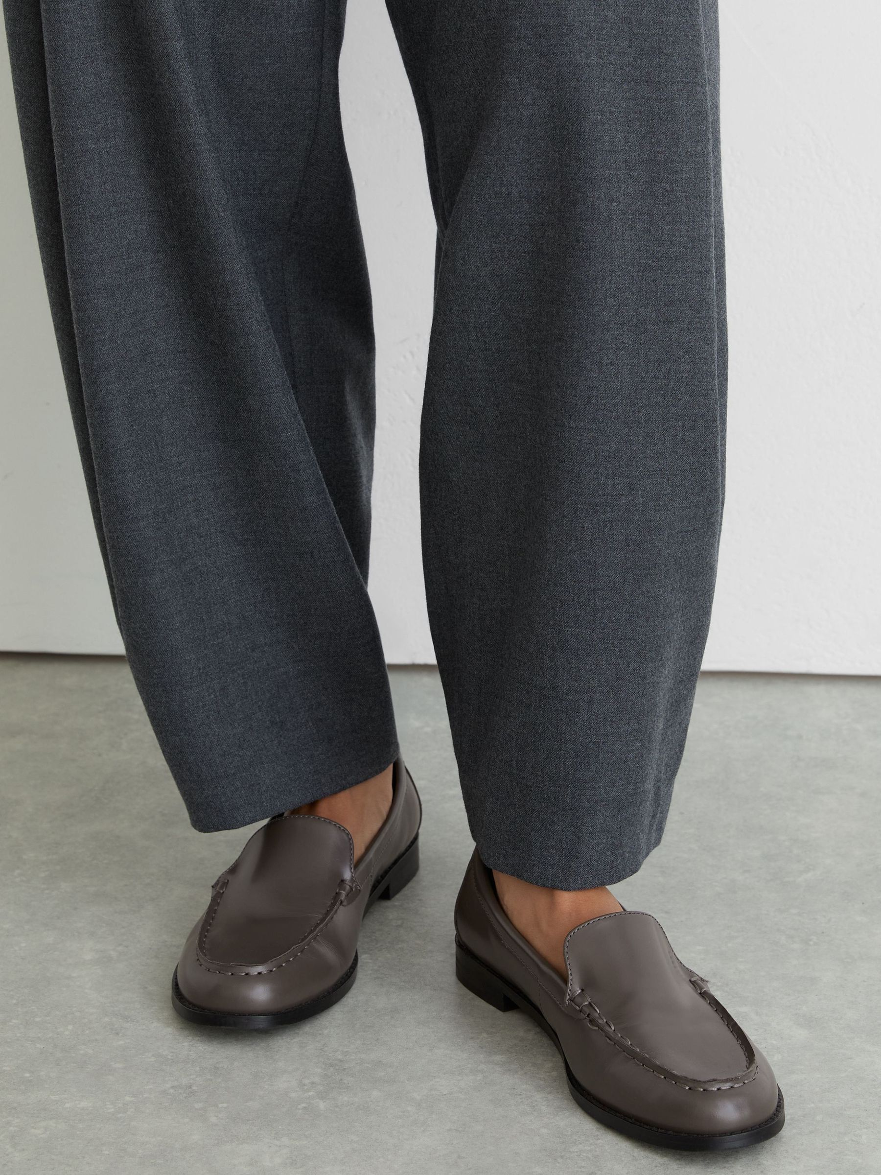 Grey - Leather Apron-toe Loafers