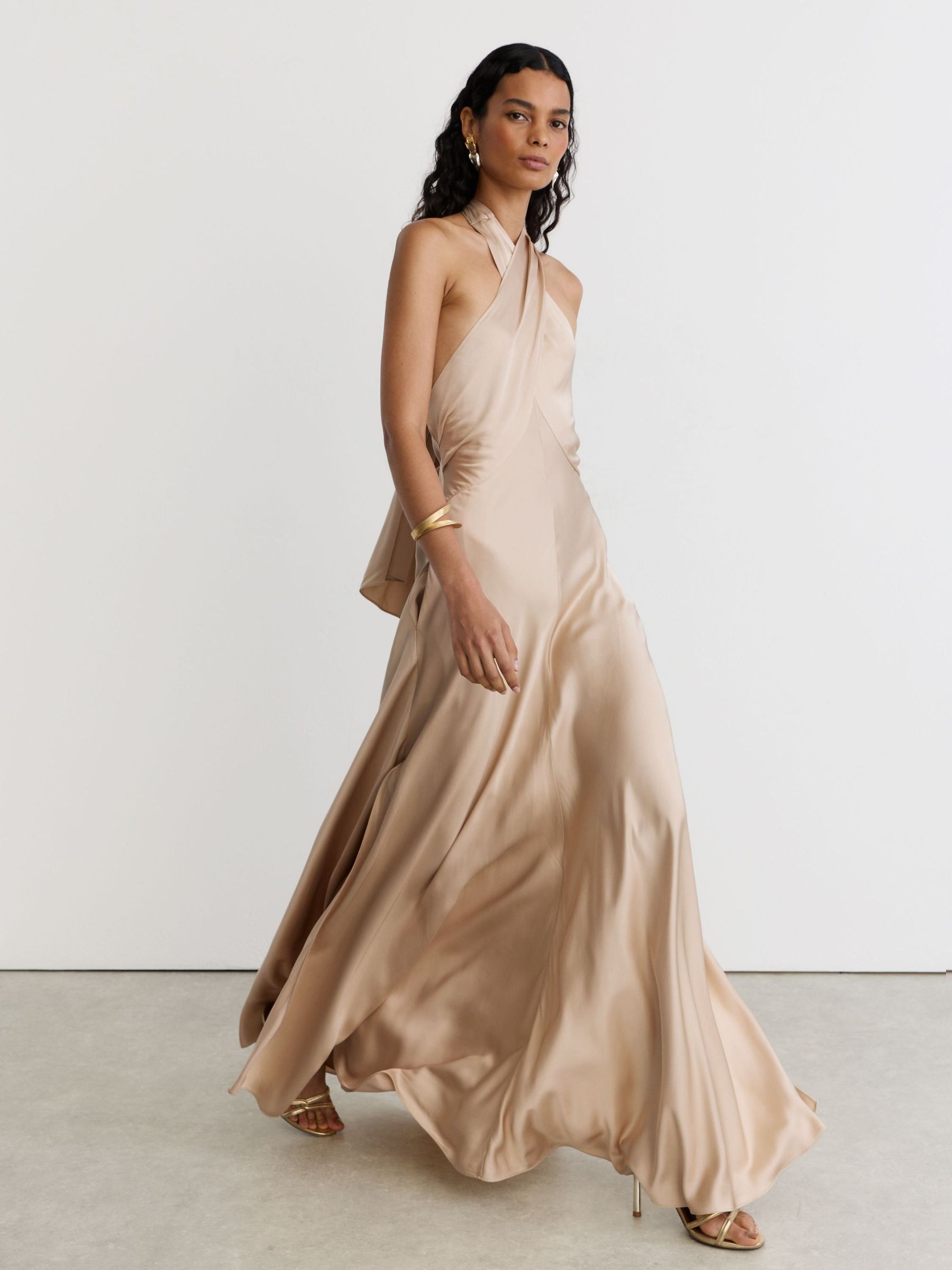 Champagne Neutral - Satin Halterneck Empire-line Maxi Dress